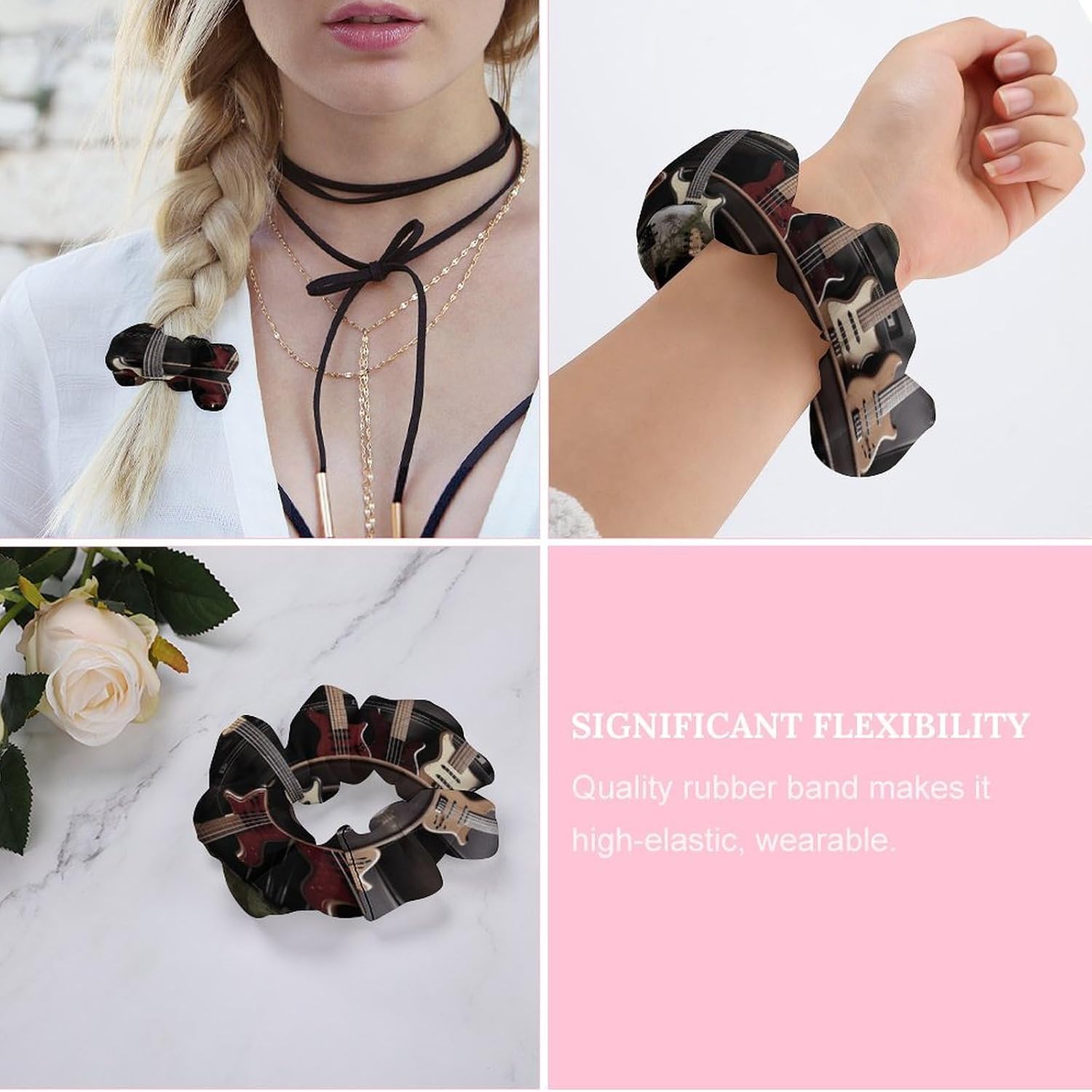Guitar Bass Music Musical Instruments Satin Scrunchies for Women Fashion Gentle Elastic Hair Bands Large Satin Hair Scrunchies Premium Soft Silk Hair Ties for Women Hair Accessories Decor&Gift image 4