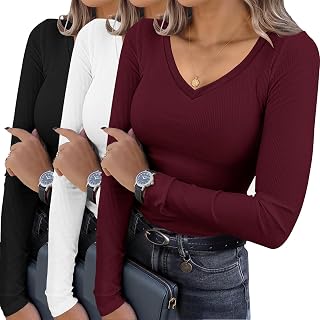 Ekouaer Womens 3 Pack Long Sleeve Ribbed Shirts V Neck Thermal Undershirts