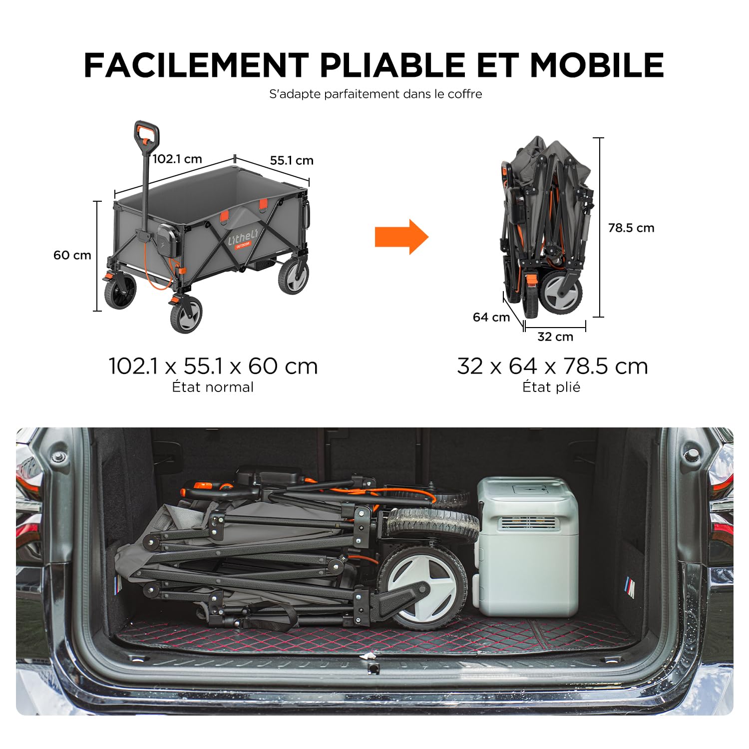 LiTHELi Chariot Électrique Pliable, Chariot à Main Pliable avec Moteur & Freins, 200L 60KG adapté pour Camping, Jardin, Plage, Achats (Gris, V140i & Chargeur)