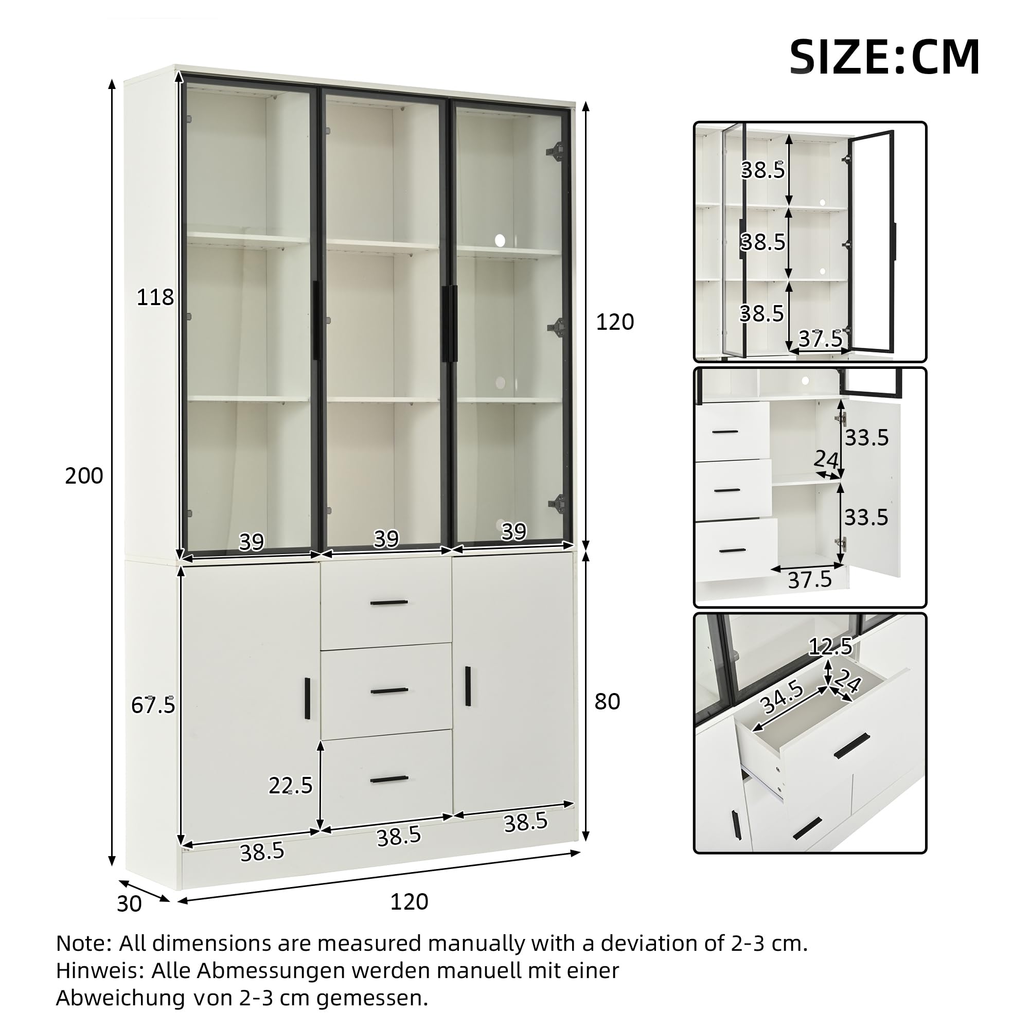Vetrina con anta in vetro e 3 cassetti, vetrina da collezione con maniglia, libreria, armadietto per soggiorno, bianco, 120 x 30 x 200 cm