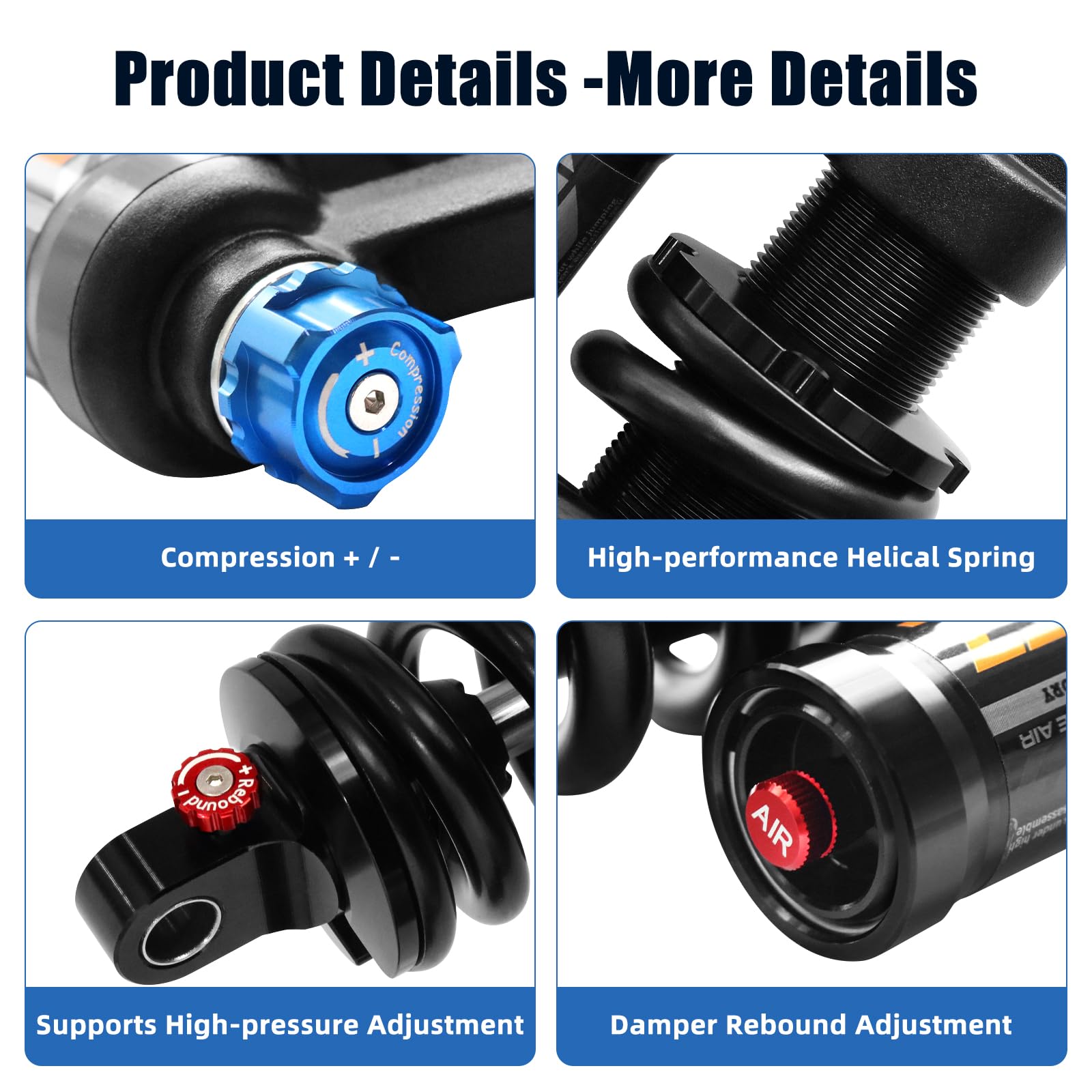 Amortisseur VTT pneumatique réglable, 190‑265 mm, 550 LBS. Rebond, Compression, précharge, Hauteur et Pression d’air (200‑300 PSI) réglables. pour VTT, Descente et VAE (240MM550LBS)