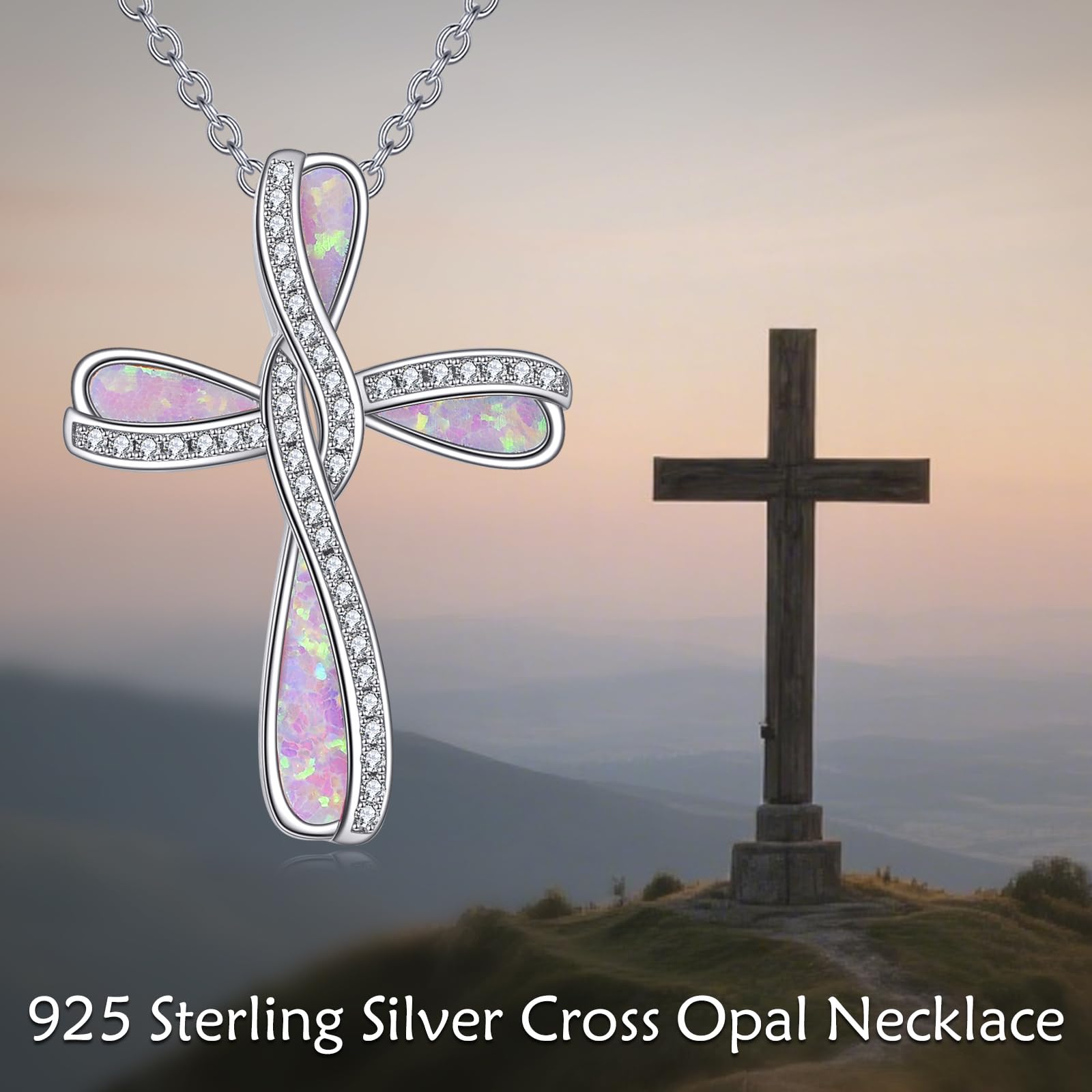 YAFEINI Kreuz Kette Sterling Silber Opal Anhänger Halskette Kreuz Schmuck Geschenk für Damen Frauen Mama