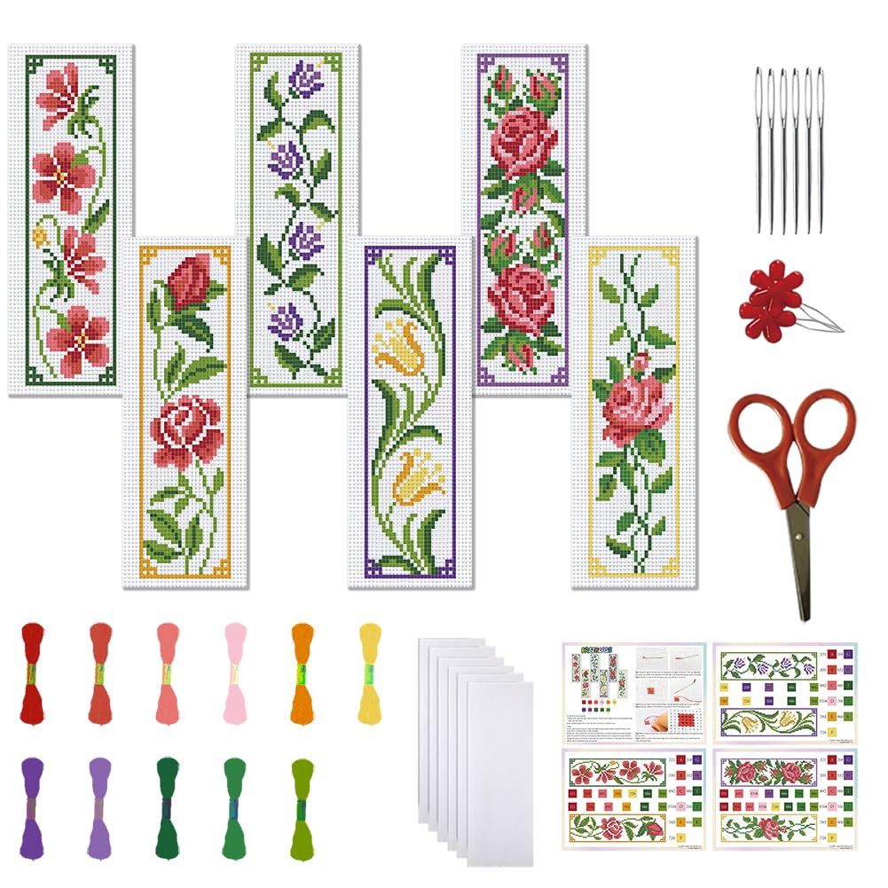 FREEBLOSS 6 Set Cross Stitch Bookmark Kit Cross Stitch Kit Vine Flowers Stamped Cross Stitch Bookmark with English Instruction Cross Stitch Kits for Adults DIY Bookmark Kit 8.7''x3.15''