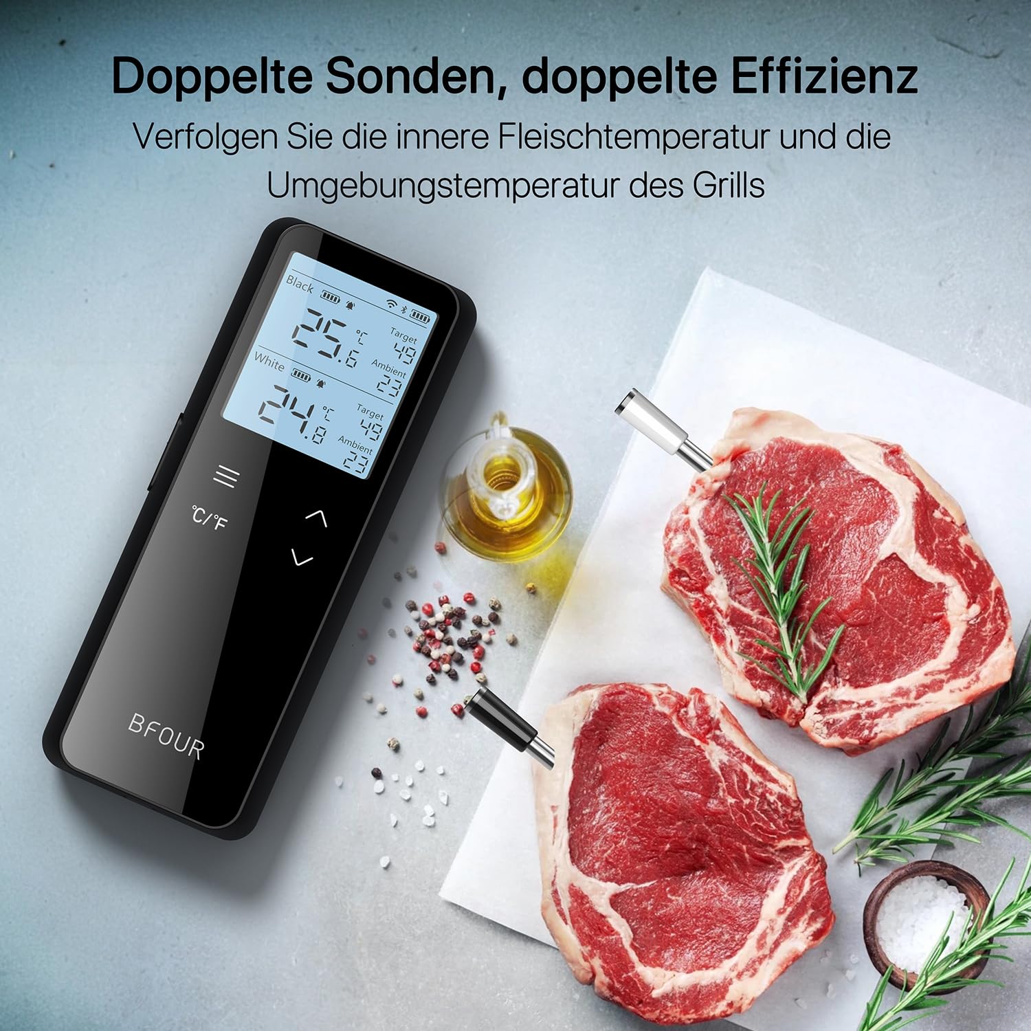 Fleischthermometer mit Standalone-Basis, Bluetooth & WLAN, 2 Sonden, WiFi unbegrenzte Reichweite, Bratenthermometer für Grill, Raucher, Backofen & Grill