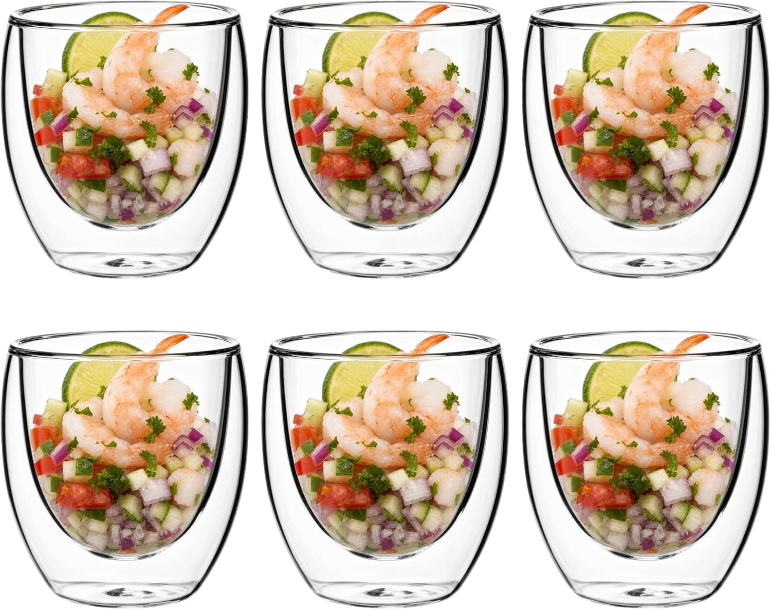 Ceviche Serving Cups, 8.45 oz Clear Double Wall Borosilicate Glass Appetizer Cups for Ceviche, Dessert, Cocktail & Party Snacks, Heat Resistant, Anti-Condensation, 6 Pack