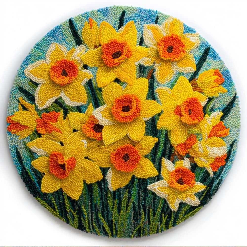 kitphoenix Round Shape Latch Hook Kits Rug Daffodils DIY Cushion Rug Carpet Making Crochet Hook Kits Preprinted Pattern Canvas Cushion Yarn Hooking Kits Mat Kits 50X50Cm