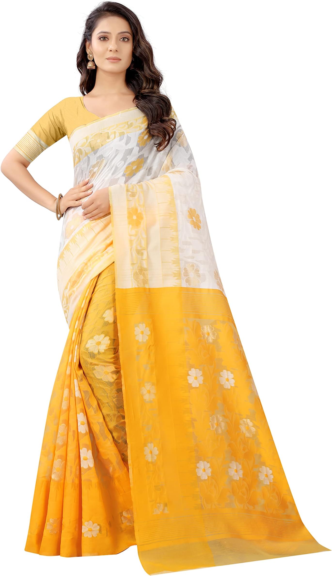 SWORNOFWomen's Durga Puja cotton Bengali Saree With Blouse Piece, Yellow-White, 5.5m
