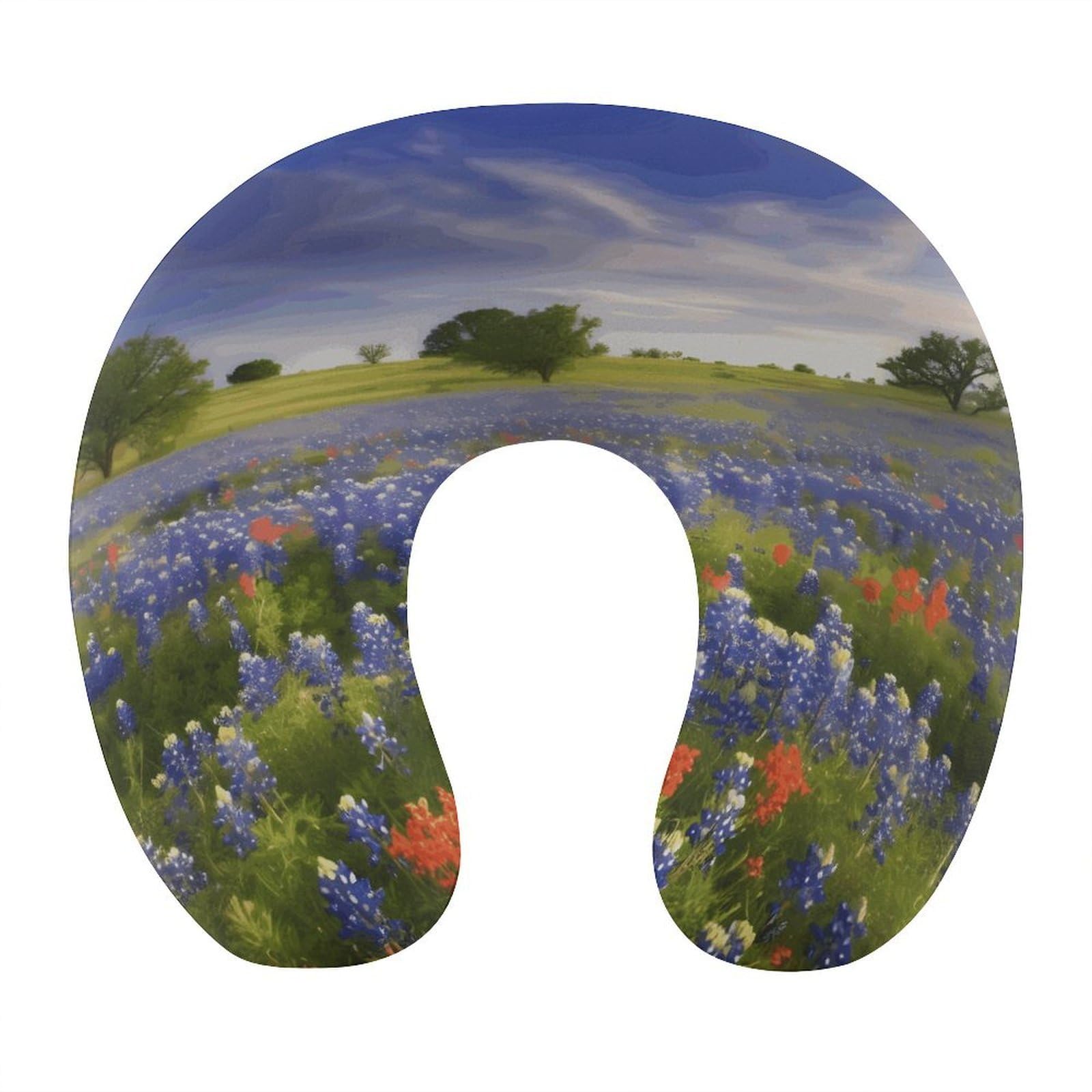 VstaDank Texas Bluebonnets Scenery Neck Pillow Memory Foam Sleeping U Shaped Pillows Cooling Travel Head Support Pillows Super Lightweight Portable Airplane Pillow for Car Office Rest