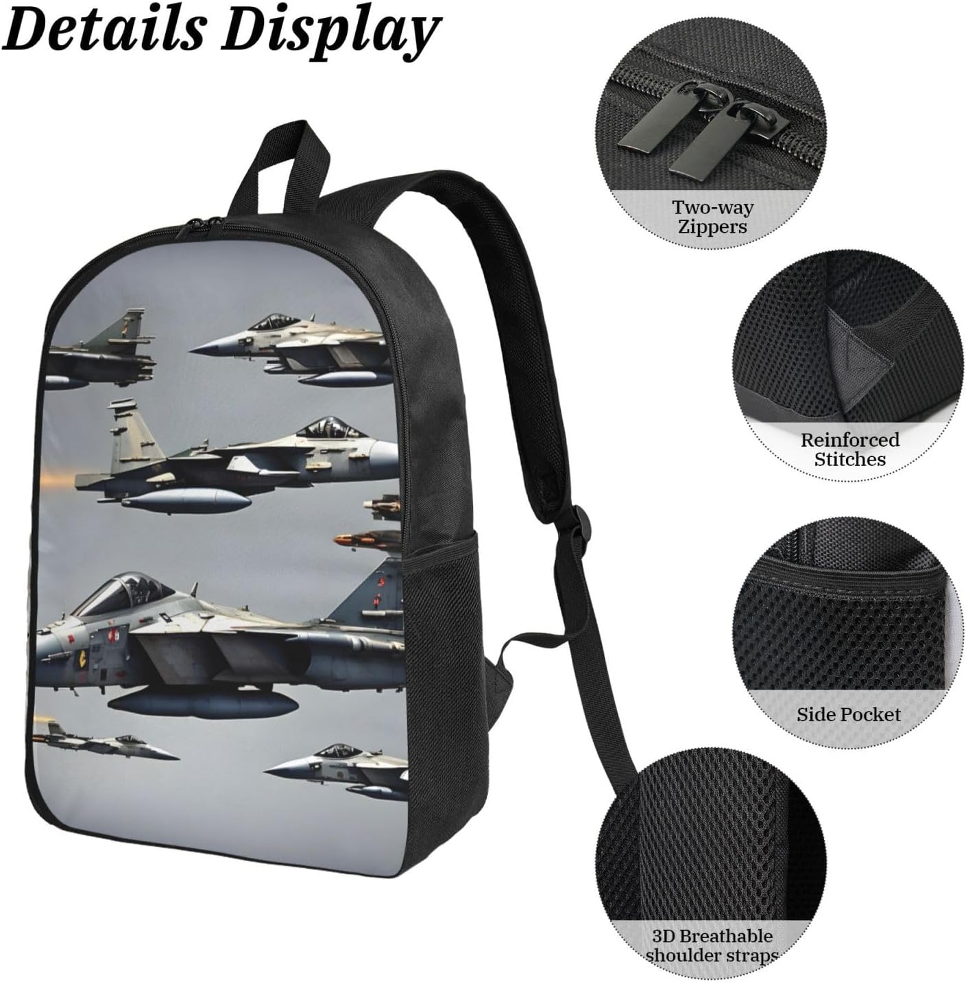 Aircraft Fighter Jets print 3 Piece Backpack Bags with Lunch Box Pencil Case Set for Travel Work Camping Unisex