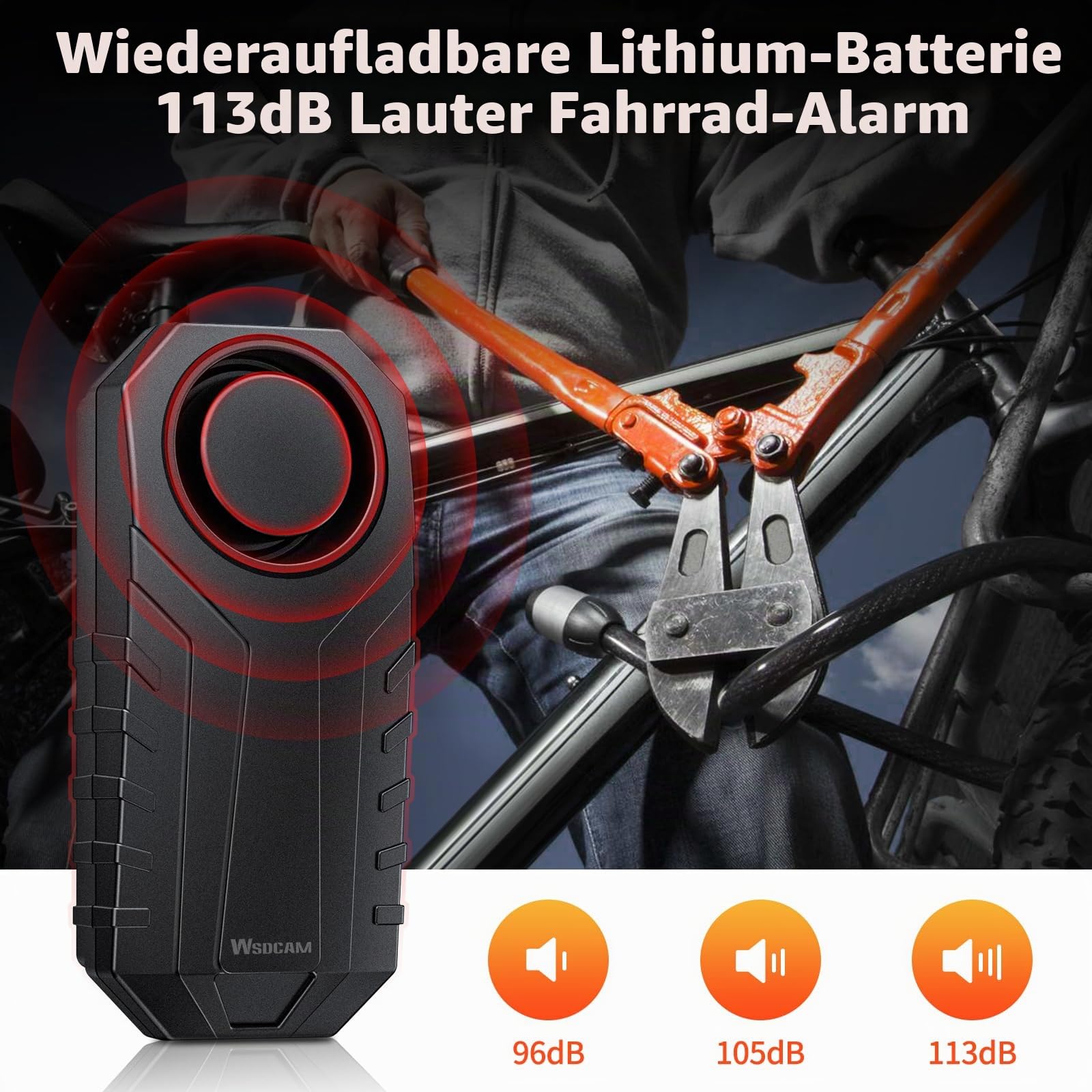 WSDCAM Kabelloser Fahrradalarm mit Fernbedienung, wiederaufladbar, 113 dB laute Fahrradalarmanlage, Diebstahlschutz, IP65 wasserdicht, Fahrradalarme für E-Bikes, Motorräder, Roller, Outdoor-Fahren und