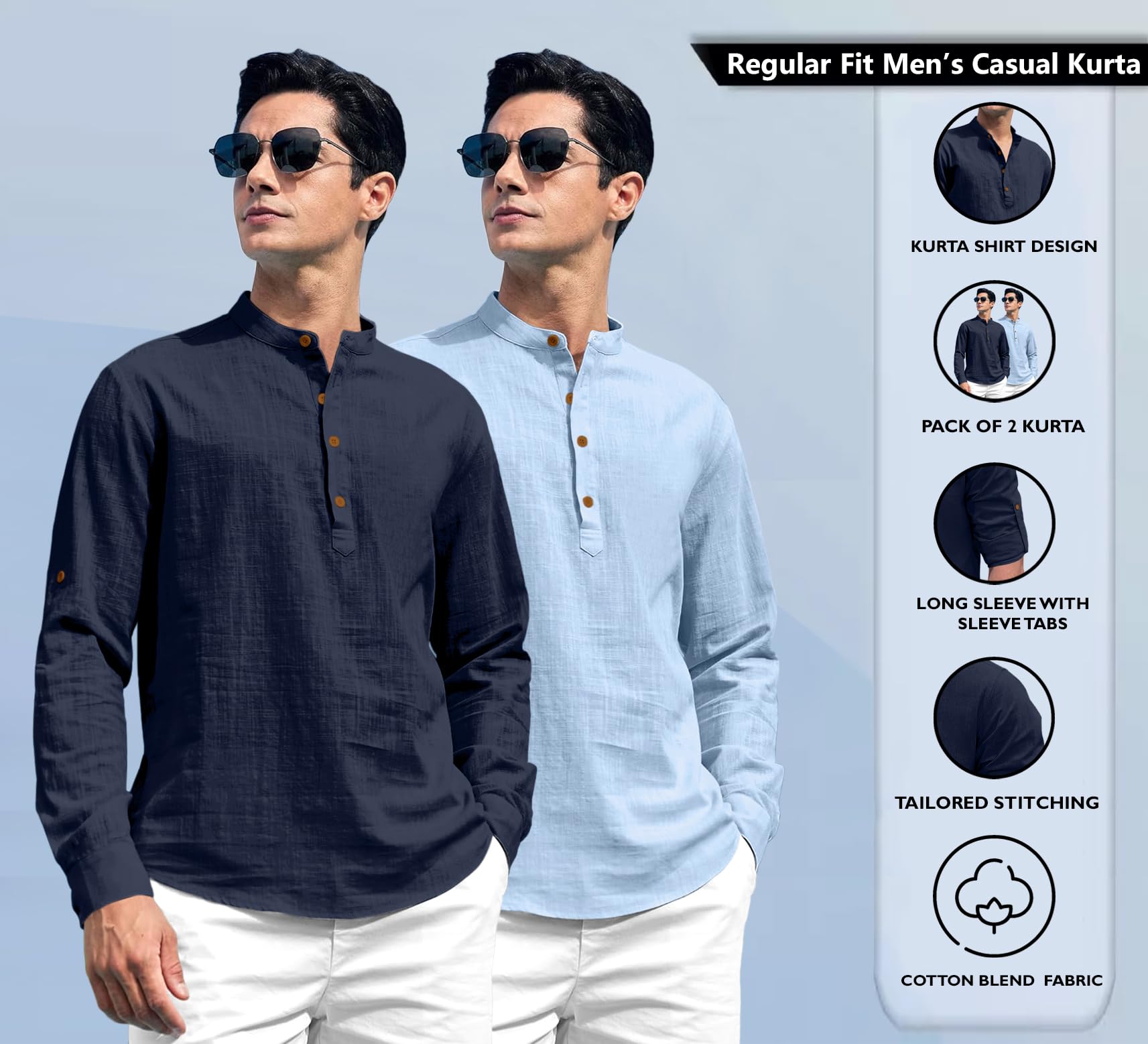Zombom Combo of Men's Solid Cotton Blend Full Sleeve Straight Kurta Shirt (Pack of 2) - Image 2 thumbnail