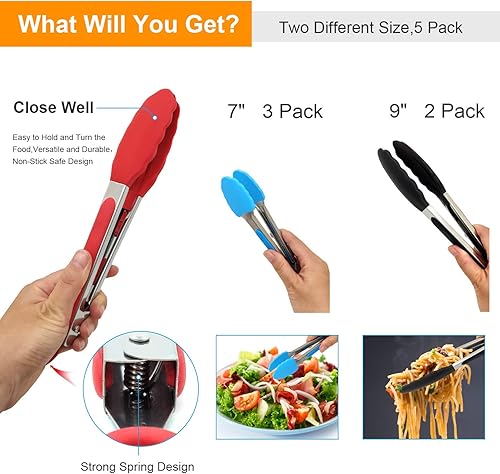 Miniatura 4 de Kitchen Tongs with Silicone Tips - ForTomorrow Set of 5, 7 9 Inch Premium Silicone Tipped Tongs for Cooking Heat Resistant, Serving Food, BBQ Varios