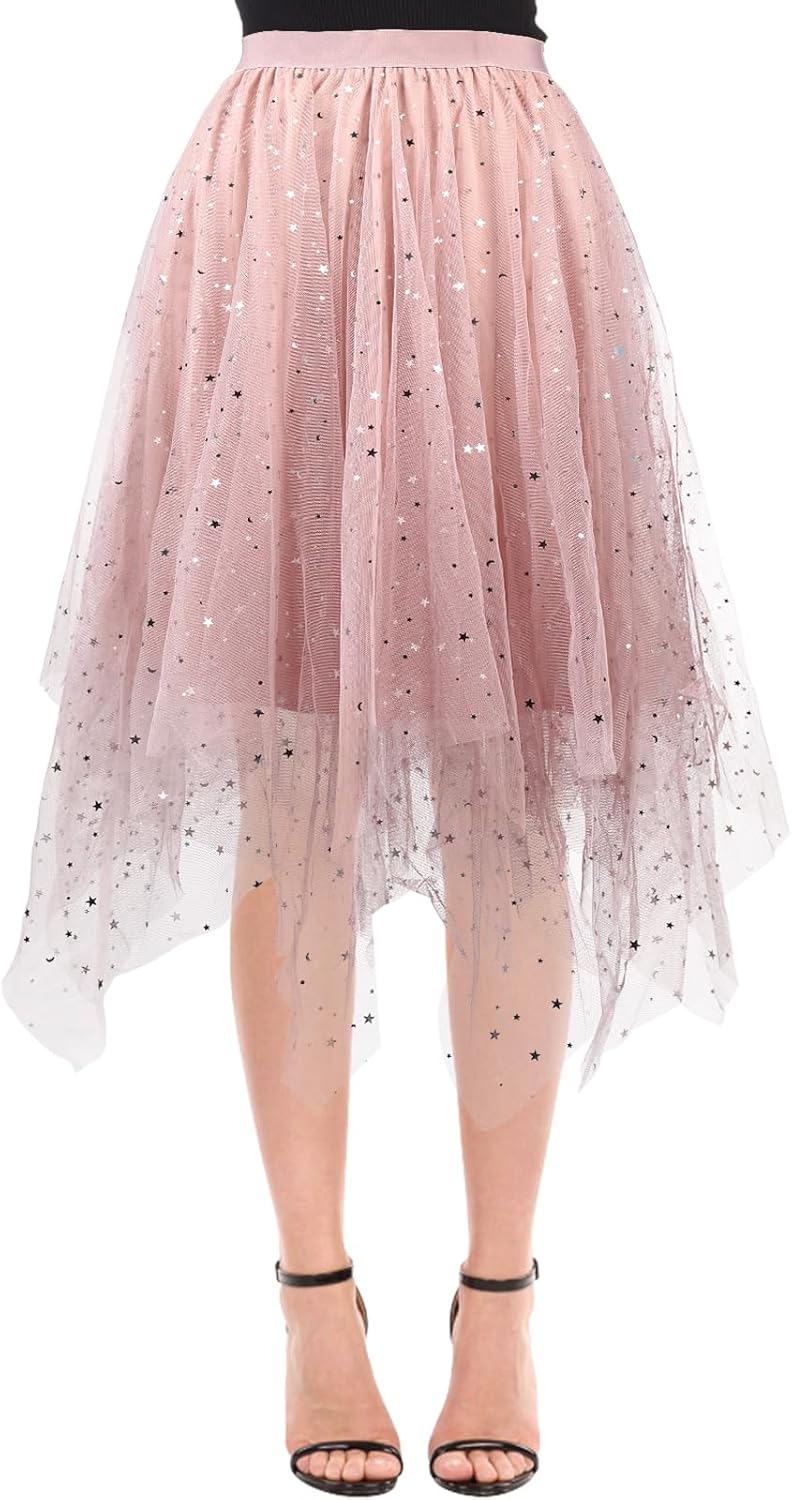 Women Tulle Skirts Layered Tutu Skirt Midi Length Elastic High Waist A Line Skirt - Image 2