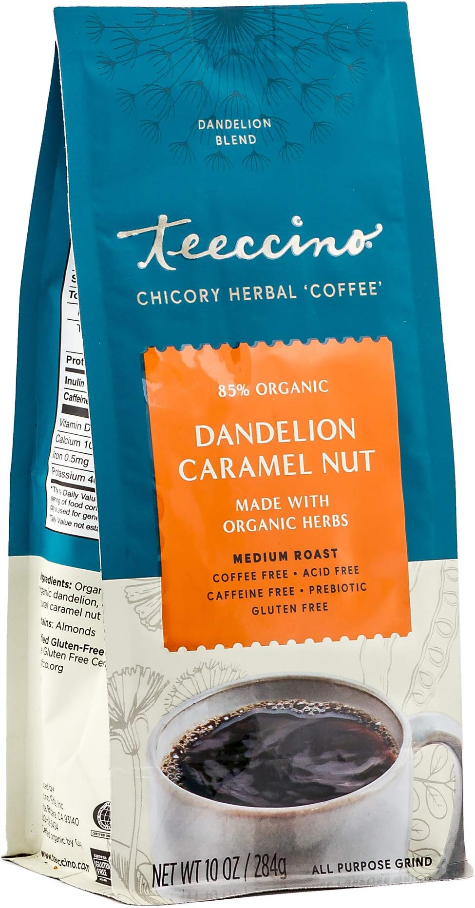 Dandelion Caramel Nut Herbal Coffee - Caffeine-Free Coffee Alternative with Prebiotics, Gluten Free, Acid Free - Medium Roast, 10 oz