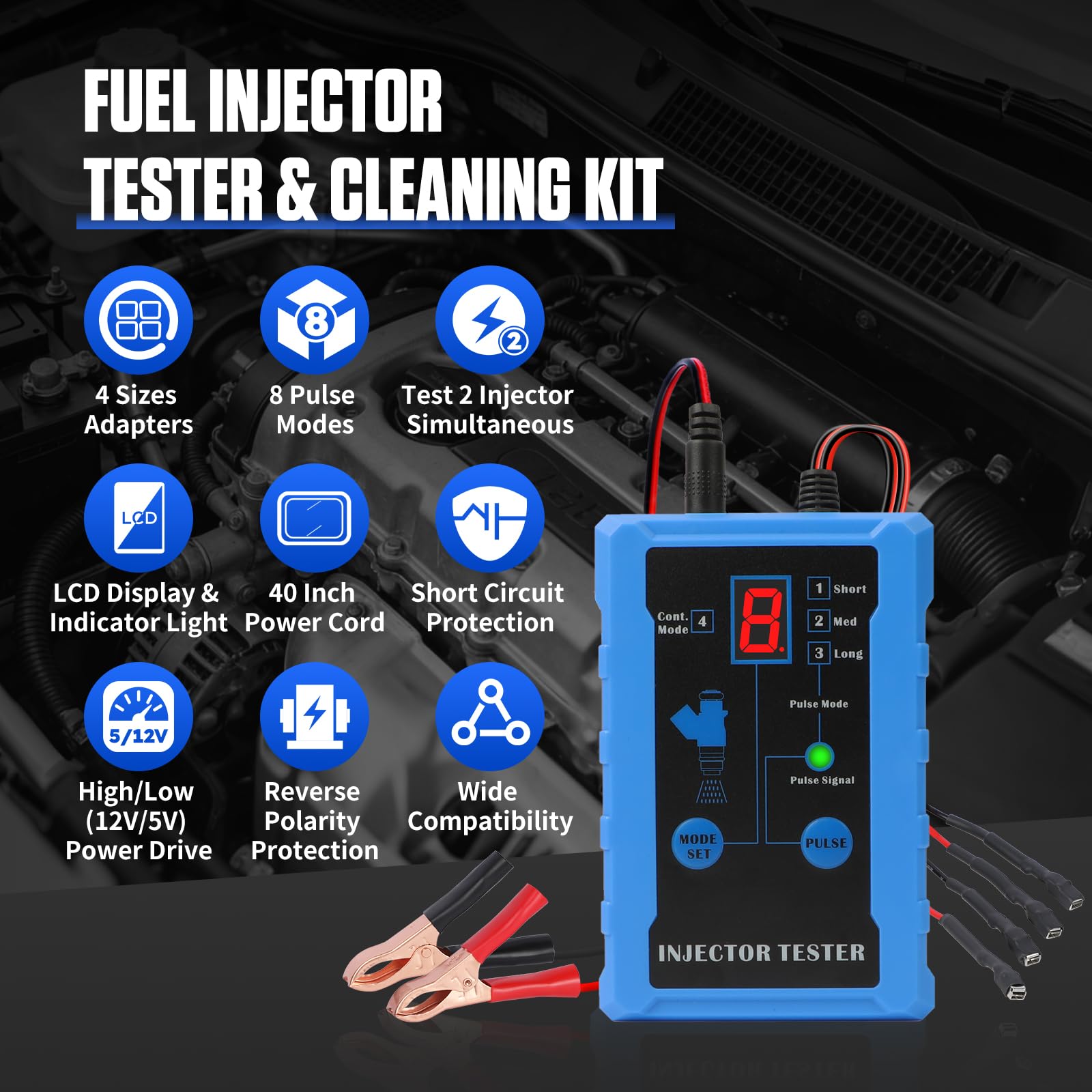 MR CARTOOL Kfz Kraftstoff-Einspritzdüsen-Prüfgerät 12V Fuel Injector Tester für EFI GDI Einspritzdüsen 8 Impuls-Modi Injektor Prufgerat Injektoren Reinigungsset mit 4 Einspritzdüsen-Reiniger-Adapter