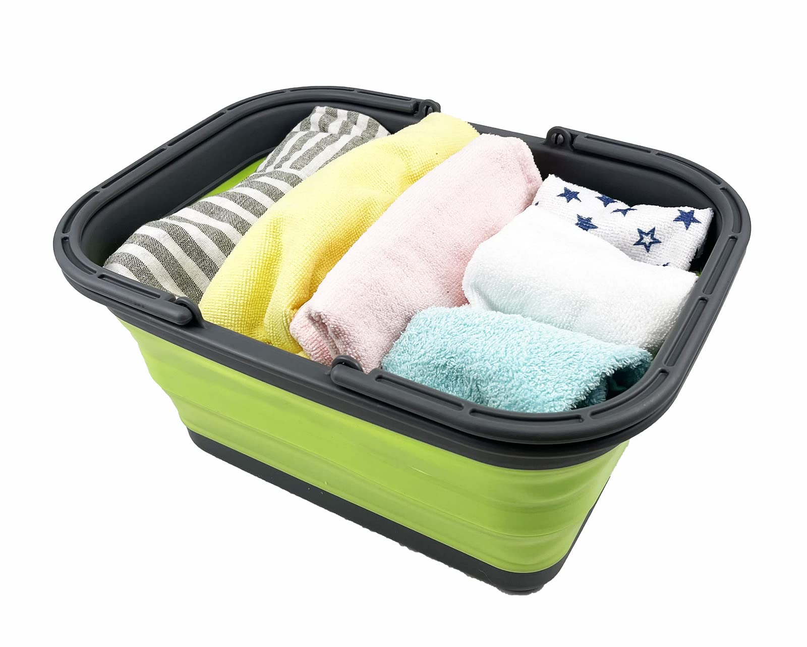 SAMMART Juego de 2 cestas plegables con asa de 12 litros, cesta de picnic portátil, contenedor de almacenamiento plegable para lavar platos, acampar y hogar (verde hierba + cerúleo)