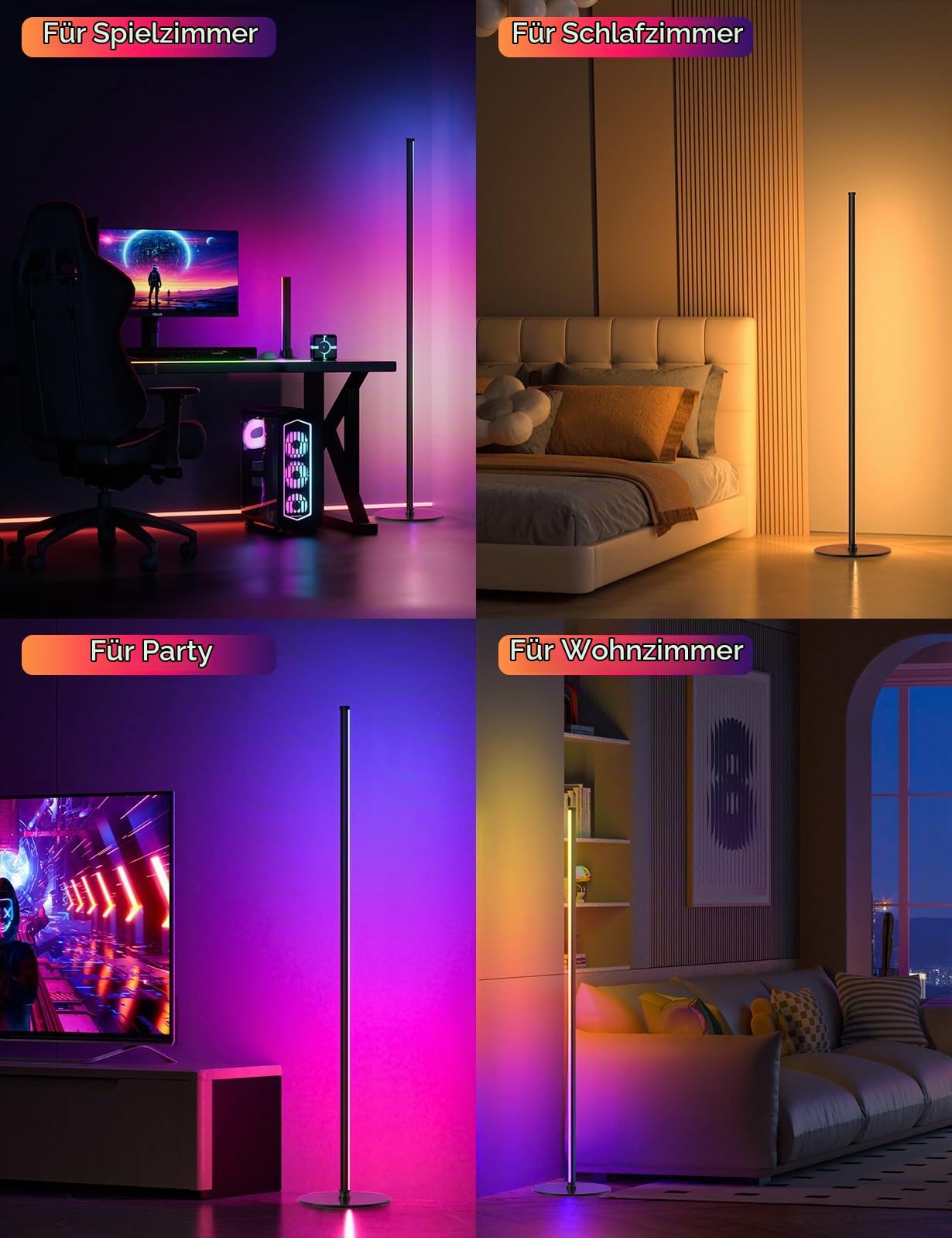 LED Stehlampe Wohnzimmer, 180cm RGB Stehlampe Dimmbar mit Fernbedienung, APP-Steuerung, 16 Millionen Farben Musik Sync Warm Weiße Eckleuchte, Ecklampe für Wohnzimmer Schlafzimmer Spielzimmer