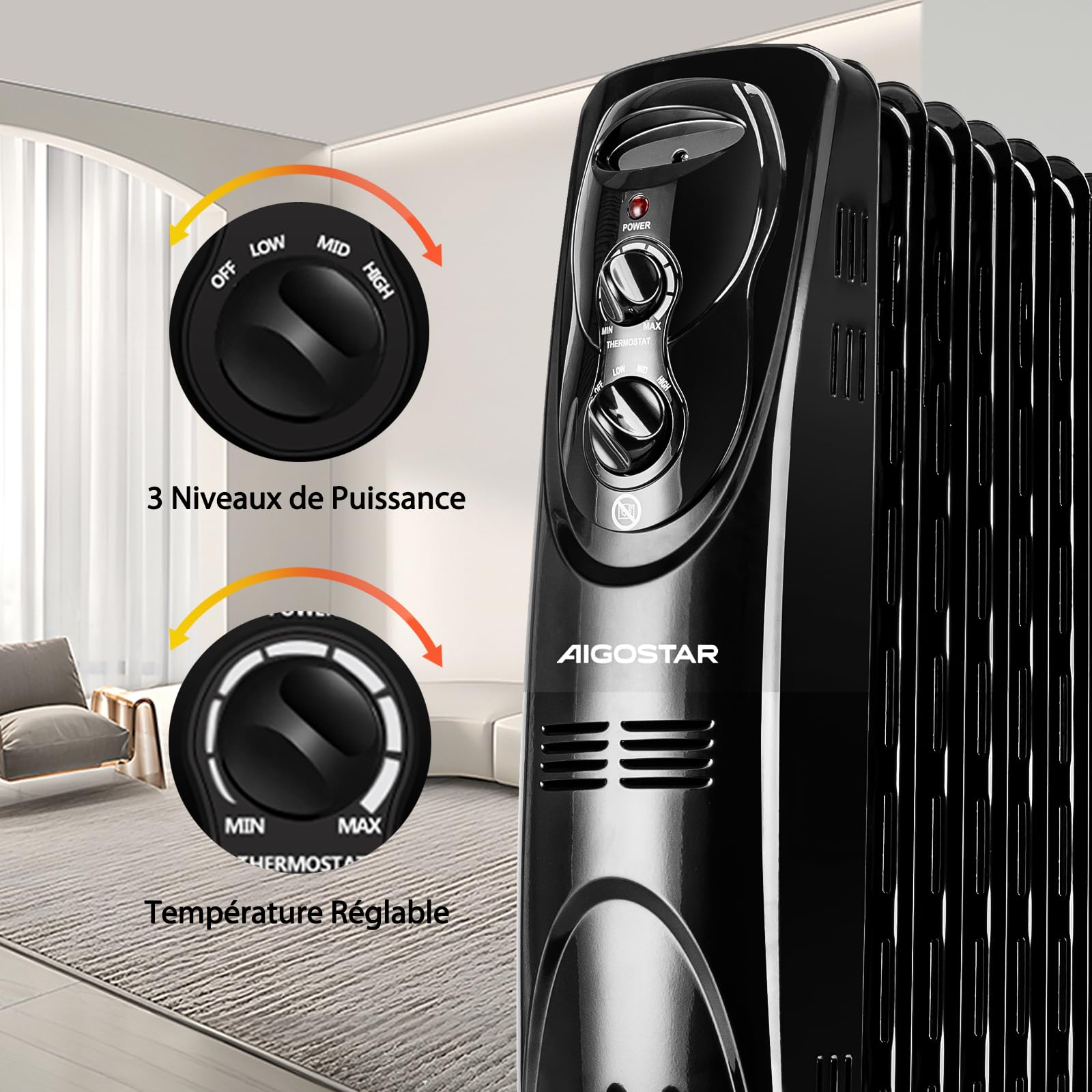 Aigostar Tummie– Radiateur à Bain d’huile Portable. 2300 W. 11 éléments,3 niveaux de puissance et thermostat réglable. Couleur noir. Design exclusif.