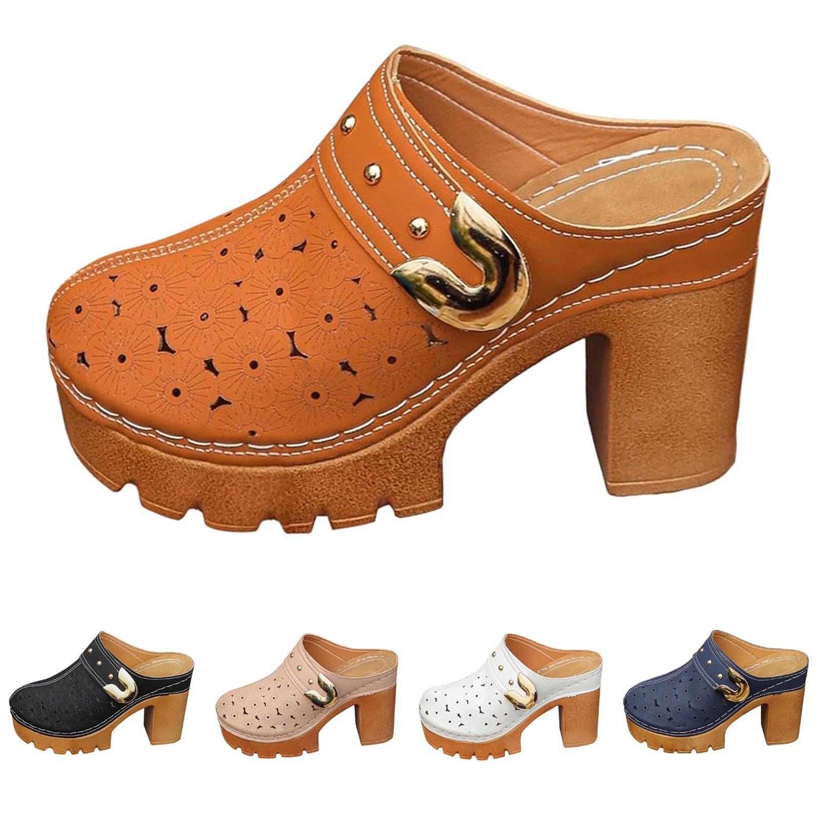 Scarpe Donna Tacco Pianta Larga Sandali Estivi Sandali estivi da donna con fibbie in metallo stile retrò con tacco spesso e stivaletti traforati Eleganti Bassi Scarpe Estive