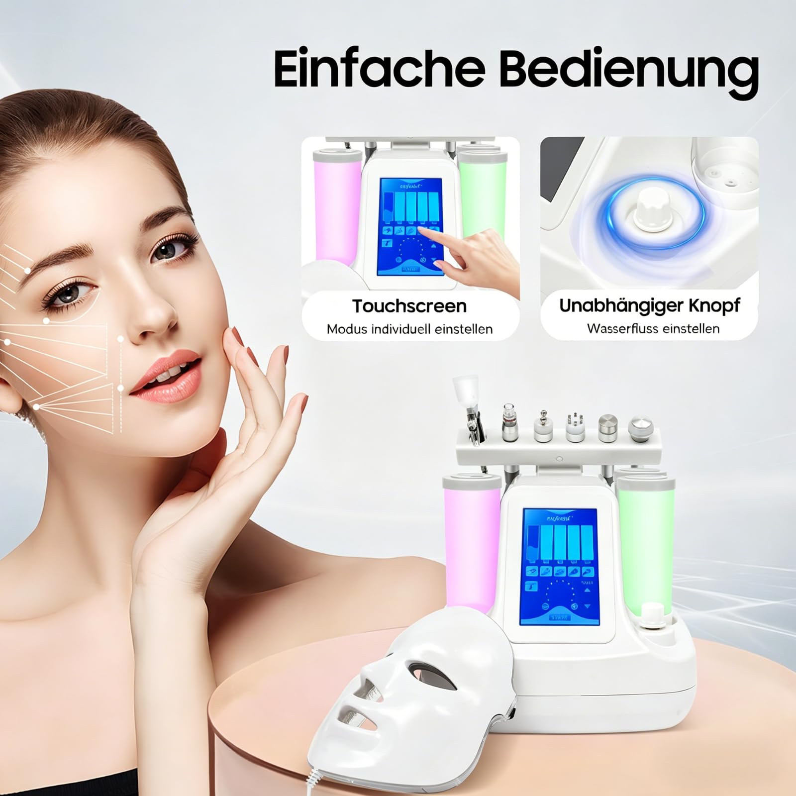 7-in-1 Hydro Dermabrasion Gerät mit LED-Maske, Weiß | 26W, LED-Touchdisplay, 4 Saugmodi, 6 Aufsätze, RF-, Ultraschall-, Kühl- und Mikrosonde, Salon & Zuhause