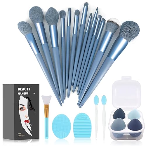 Juego de 22 brochas de maquillaje, incluye brocha para base, brocha para sombras (azul, 22 piezas)