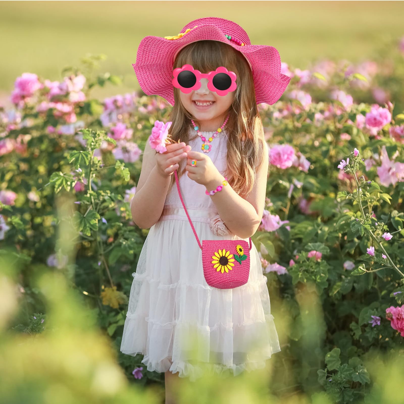 Sonnenhut Kinder Stroh Tasche, Mädchen Strohhut Set mit Kinderschmuck Sonnenbrille, Sommerhut Umhängetasche Mädchen Strohhüte mit Blumendekoration Sommer Strandhut Sonnenhüte