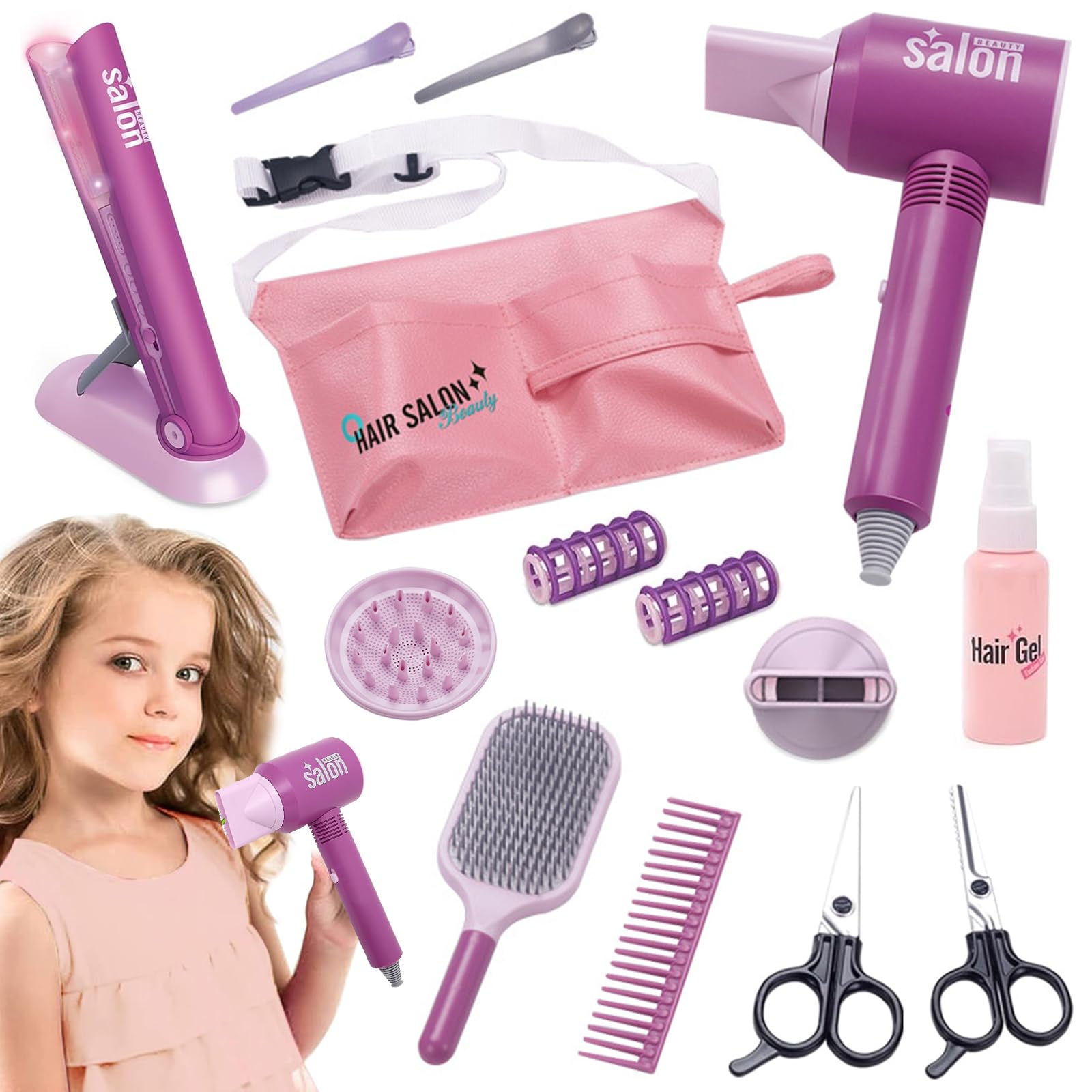 Estilismo y Peluquería Conjunto Juego Belleza,Set de Juegos de 14 Piezas de Salón de Belleza para Niñas,Pretend Maleta de Maquillaje para Niños,para Niñas de 3 Años.