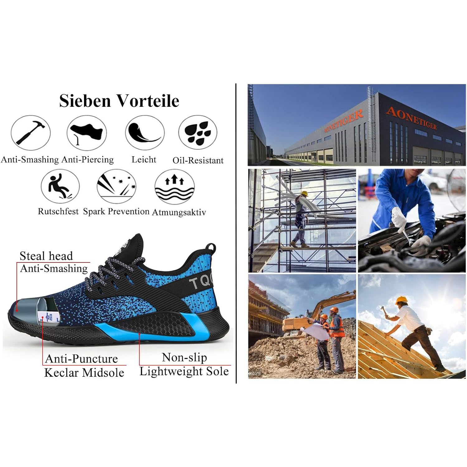 AONETIGER Buty ochronne dla mężczyzn i kobiet, lekkie buty robocze, stalowy nosek, sportowe, oddychające, antypoślizgowe, 8195 niebieski, 42 EU
