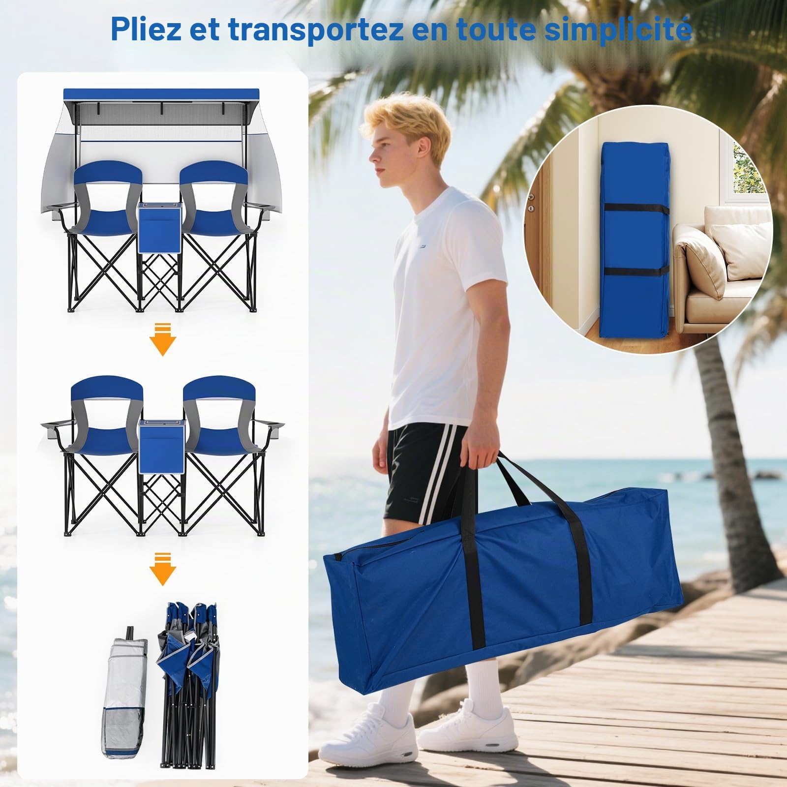 GIANTEX Lot de 2 chaises de camping pliables avec toit pare-soleil, mini table, sac isotherme et porte-gobelet, chaise pliante pour 2 personnes, modèle 2 bleu foncé