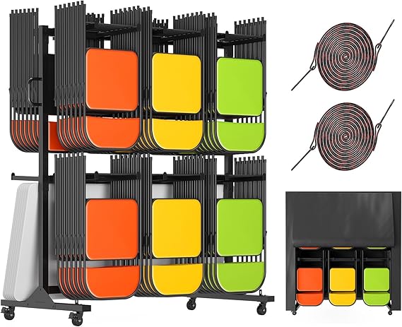 Albott Folding Chair Rack 24 Tables or 84 Chairs Storage 1100 LBS Capacity Heavy-Duty Folding Chair Cart with Wheels, 2 Elastic Cords, Cover, Glossy Black