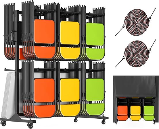 Albott Folding Chair Rack 24 Tables or 84 Chairs Storage 1100 LBS Capacity Heavy-Duty Folding Chair Cart with Wheels, 2 Elastic Cords, Cover, Glossy Black