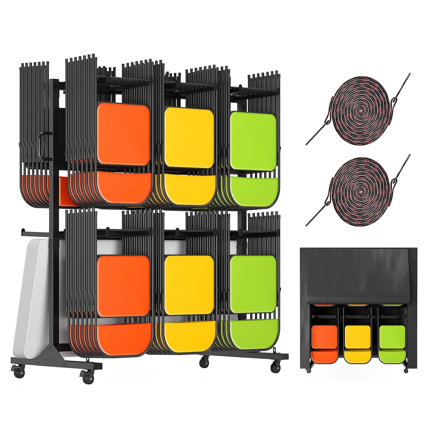 Albott Folding Chair Rack 24 Tables or 84 Chairs Storage 1100 LBS Capacity Heavy-Duty Folding Chair Cart with Wheels, 2 Elastic Cords, Cover, Glossy Black