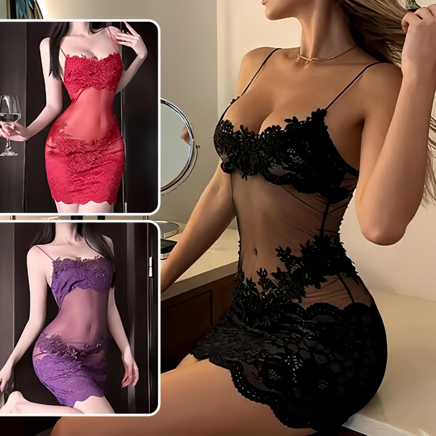 Solid Color Lace Sexy Nightgown with Sheer Robe - V Neck Black Mini Slip Dress - Elegant Lace Trim Sleepwear