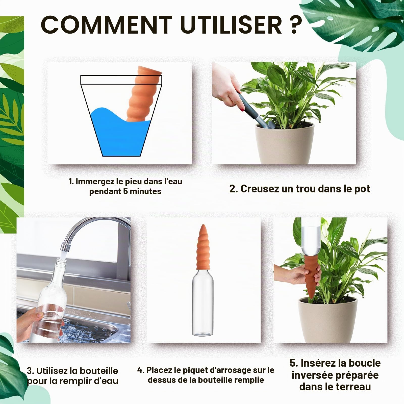 Geiserailie 4 Sets Arrosoirs Automatiques pour Plantes Arrosage en Cône en Terre Cuite avec Bouteilles de 750 ml Abreuvoir en Argile à Libération Lente Distributeur d'Eau pour Pot de Fleurs Vacances