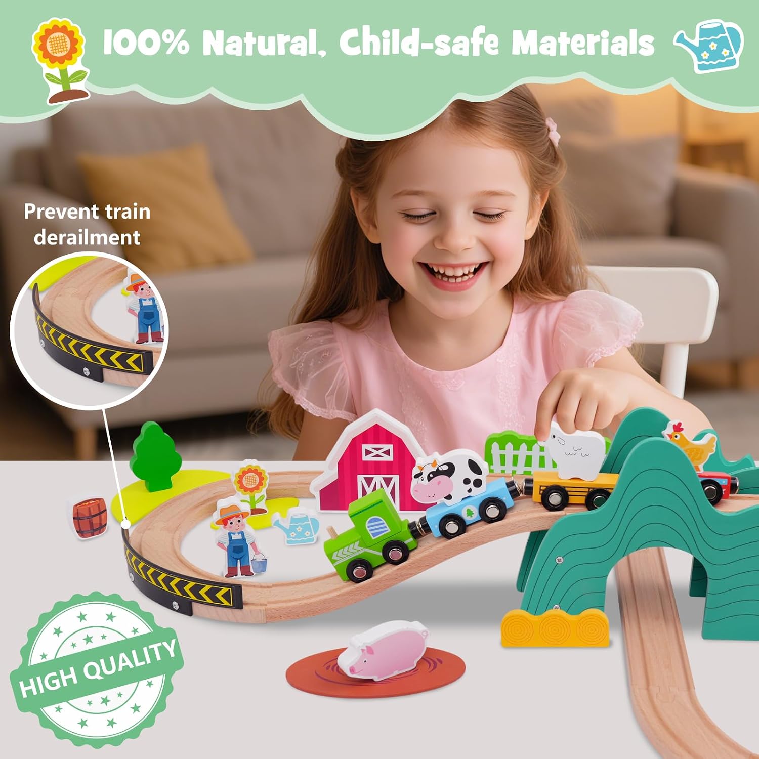 SIMPLIPLAY Wooden Train Set for Toddlers - 49PCS Farm Montessori Train Sets, Wooden Train Track for Toddlers 3-5 with Bridge & Cute Farm Animal Toys, Gifts for 3 4 5 Years Old Girls & Boys