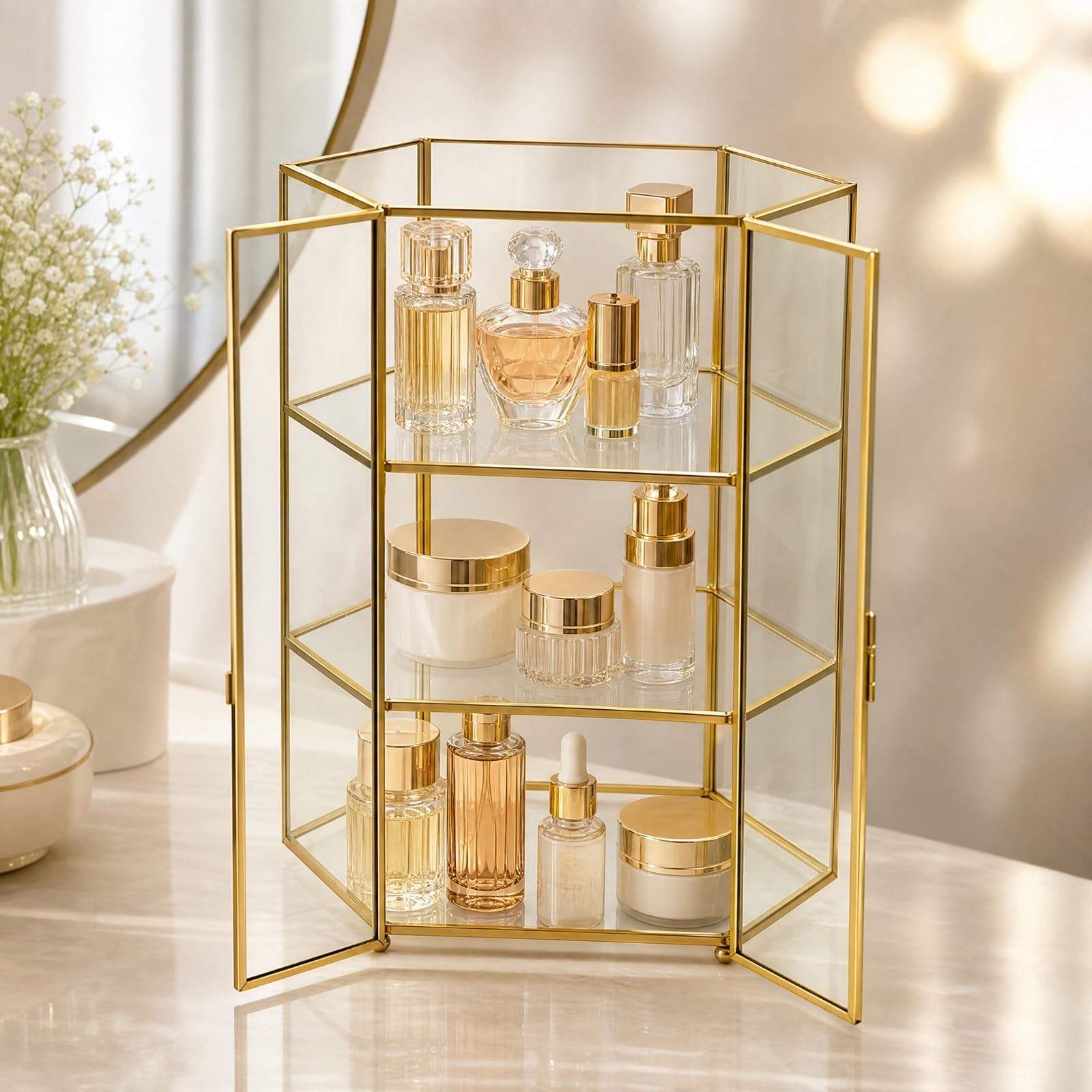 Colcolo Maquillaje Multiusos Organizador Hexagonal Vidrio y Metal Compacto para Baño, Plateado