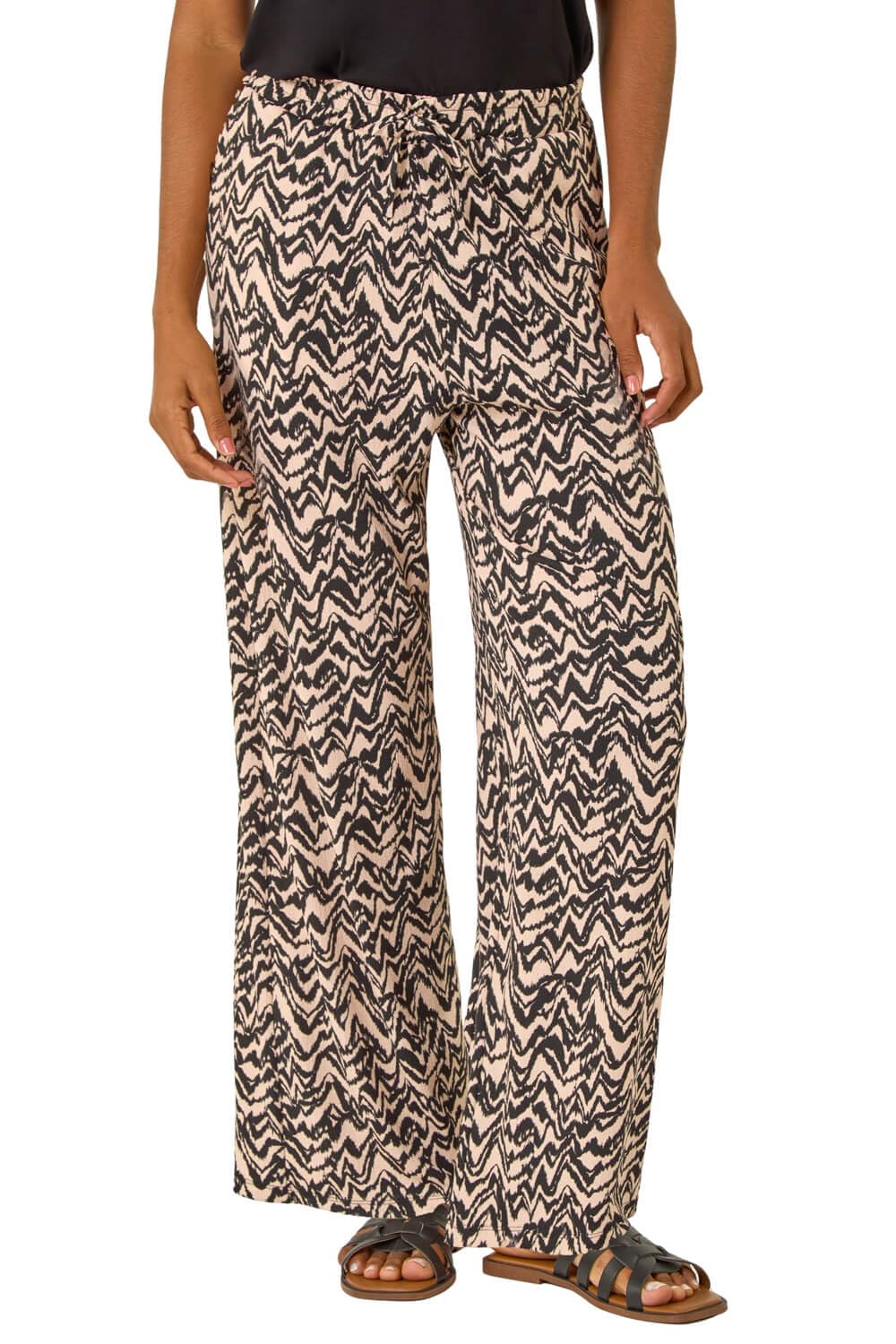 Roman Abstract Wide Leg Trousers - Beige - Size 12 - Women's