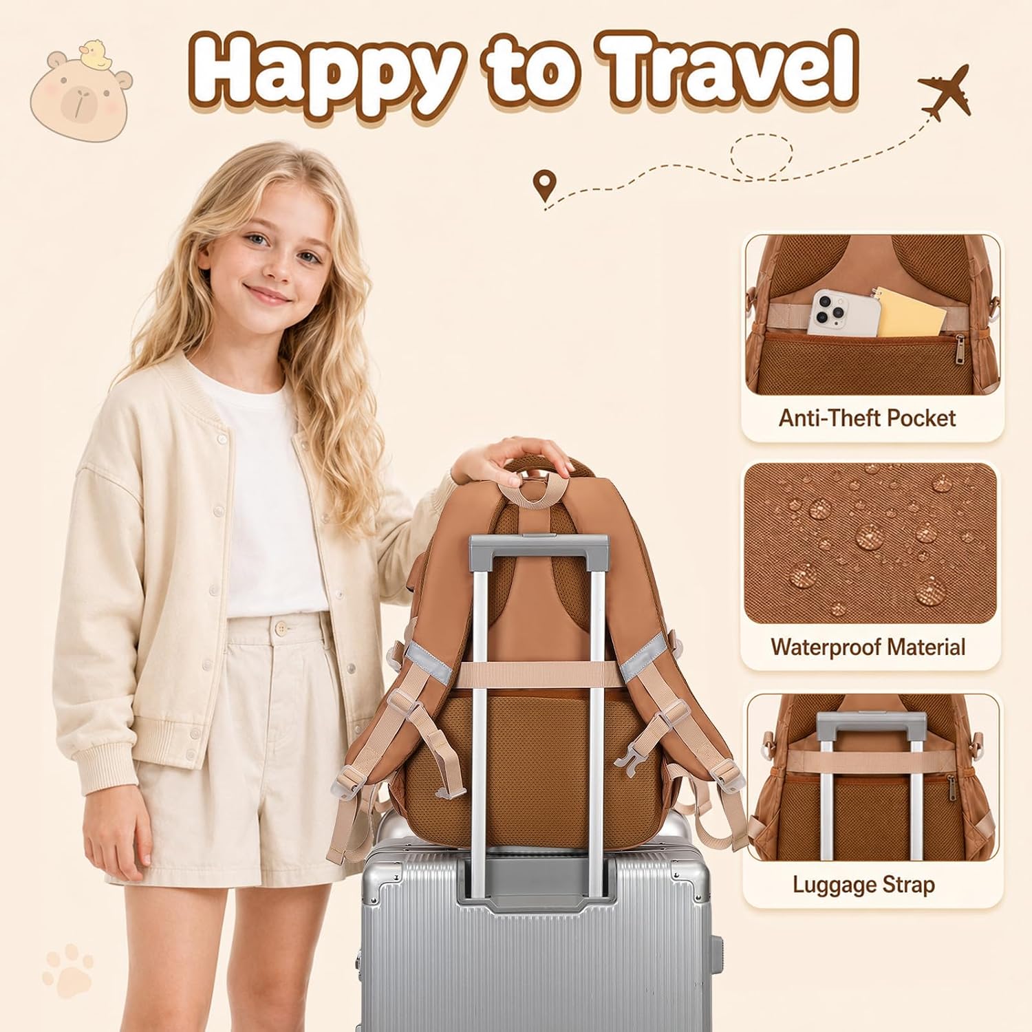 3pcs Capybara Backpack Girls Lunch Box