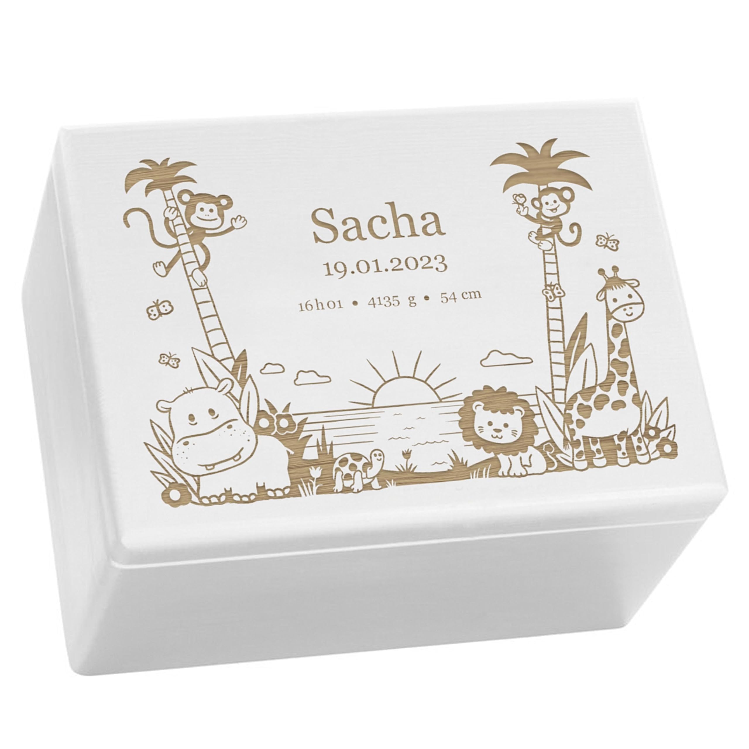 LAUBLUST Boîte à souvenir bébé - Jungle - Cadeau naissance personnalisable | Taille XL, env. 40x30x24cm, Blanc - Boîte décorative en bois avec couvercle, FSC®