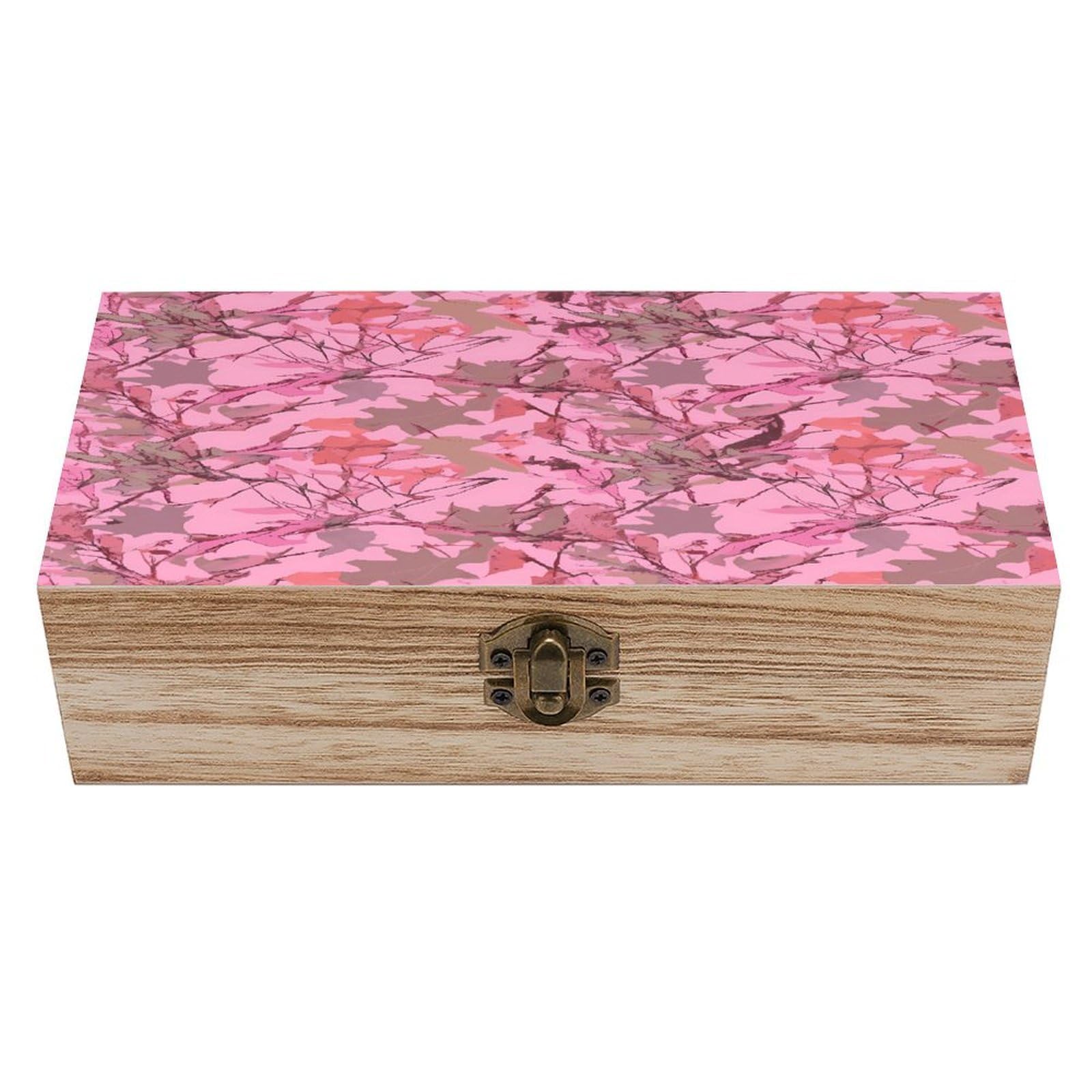 VstaDank Pink Leaves Camo Wooden Storage Box Wooden Keepsake Box with Hinged Lid Exquisite Solid Wood Decorative Jewelry Case Memory Box for Jewelry Photos Letters Crafts Trinkets