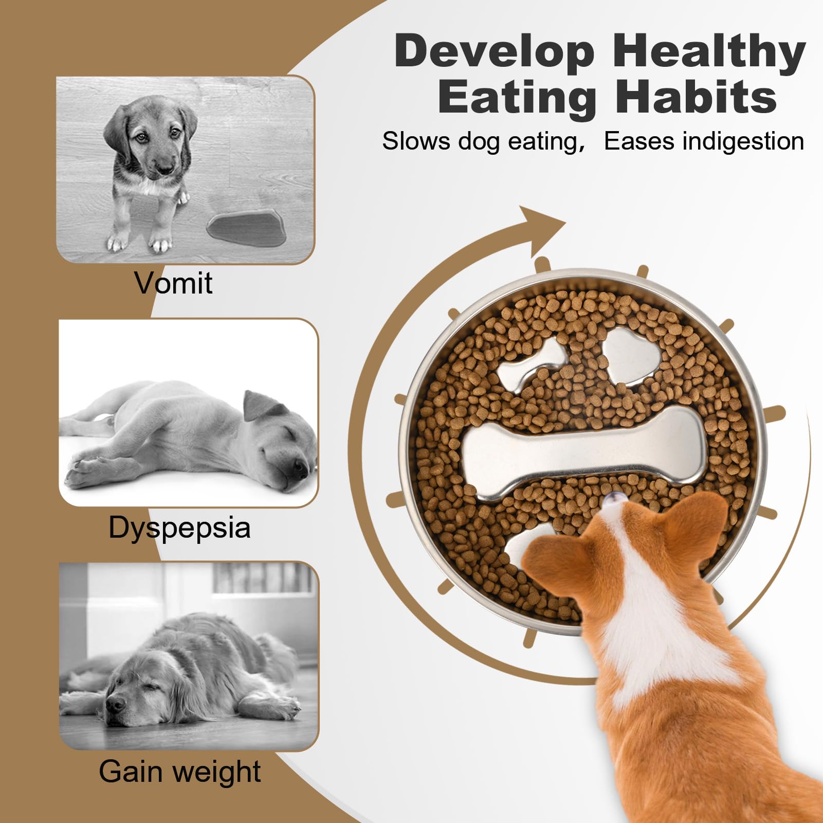 Slow Feeder Dog Bowls,Non-Slip Base Stainless Steel Pet Food Bowls,2 Cups Metal Dog Slow Feeder Bowl for Large Medium Breed,Double-Sided - image 3