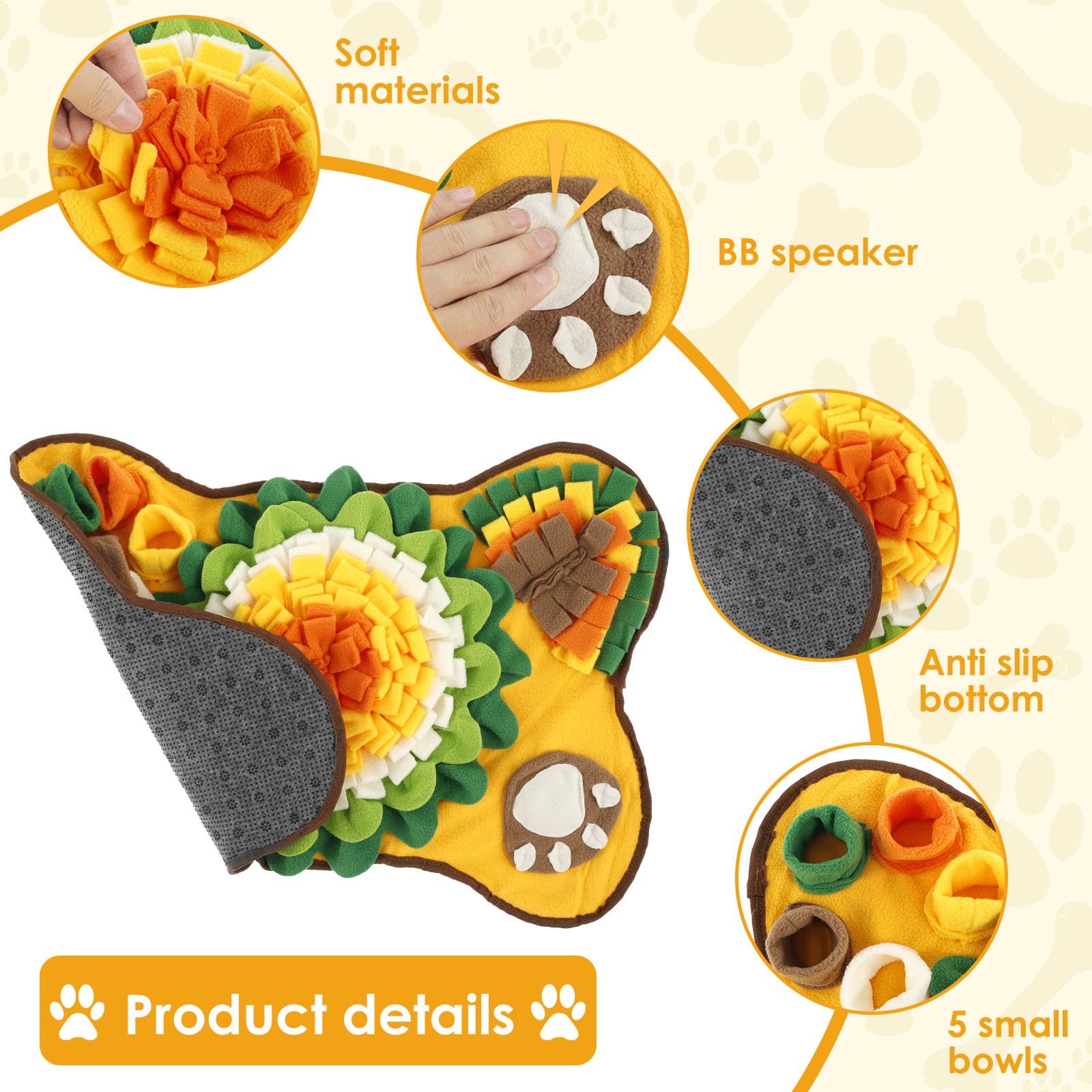 Gatphy Snuffle Mat for Dogs, Interactive Dog Feeding Mat Pet Foraging Mat Encourages Foraging Skills and Slow Eating, Pet Snuffle Mat Dog Slow Feeder Mat for Small and Medium Dogs (Yellow, 64x43cm) - Image 3