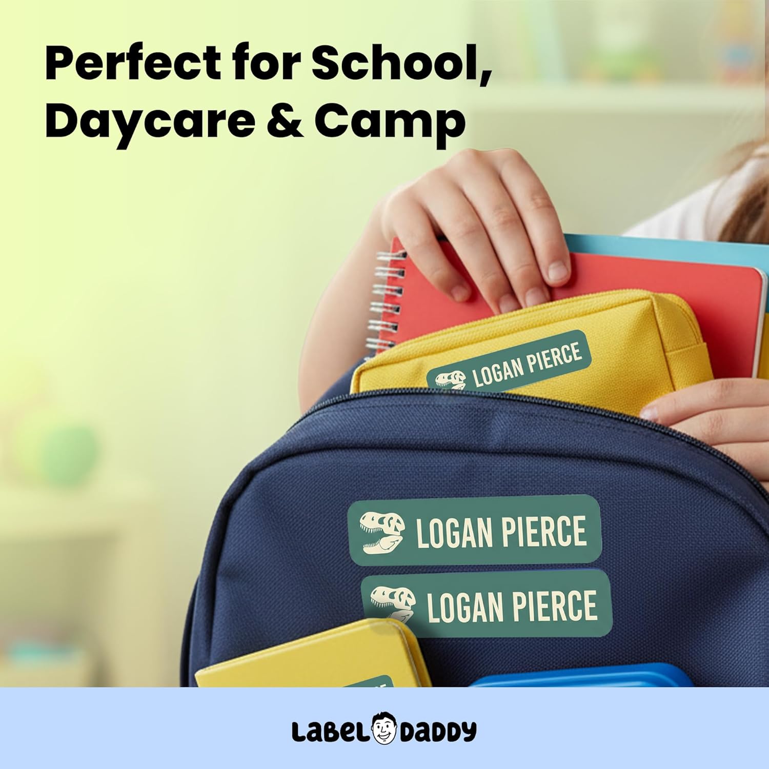 Label Daddy Personalized Waterproof Name Labels for Boys – Custom Kid's Labels for School & Camp – No Iron Needed – Durable for Bottles, Backpacks, Shoes & More – 80 Ct or 160 Ct | T-Rex Design