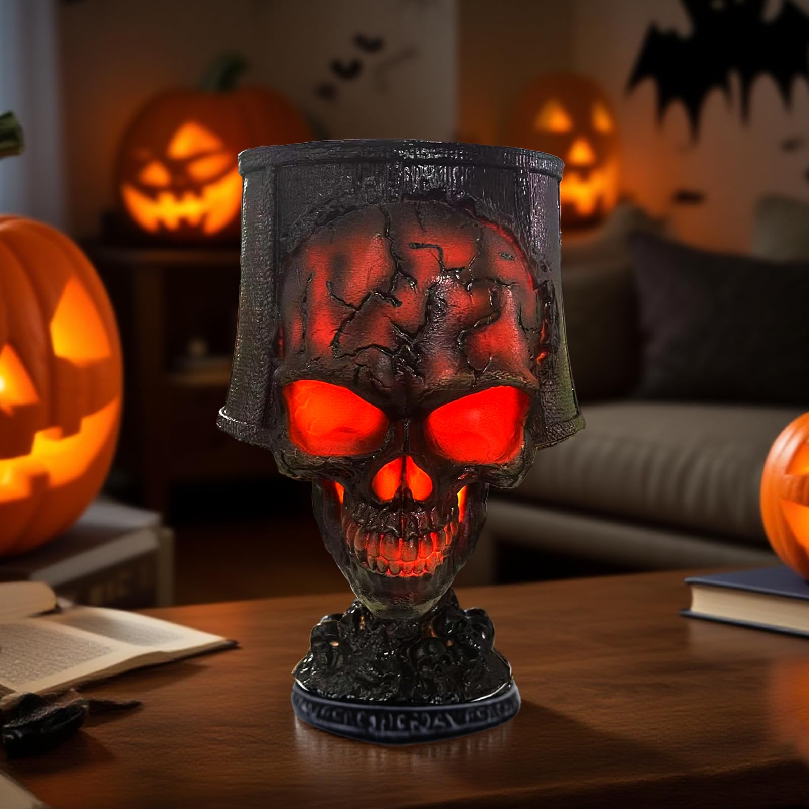 Gonggi Halloween Skull Flame Lamp, Skull Statue Desk Lamp, Halloween Decorative Lights, Spooky SkullLamp Crack Design for Home, Pub & HalloweenParty - Creates Mysterious & Dark Atmosphere