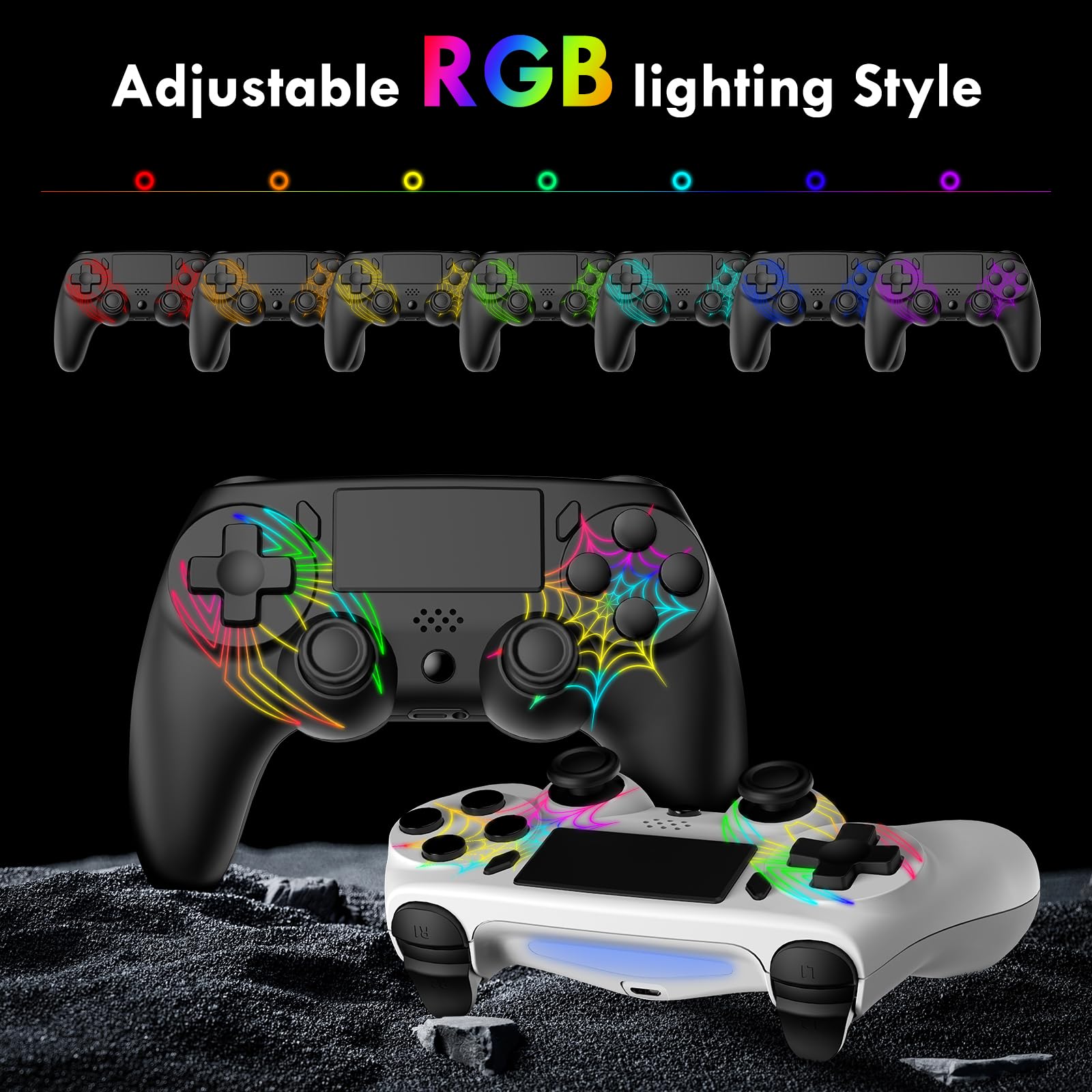 Paquete de 2 controladores inalámbricos para PS4, controlador apto para PlayStation 4/Pro/Slim/PC, diseño de patrón de araña, batería de 1000 mAh, RGB ajustable, doble choque, giroscopio de 6 ejes