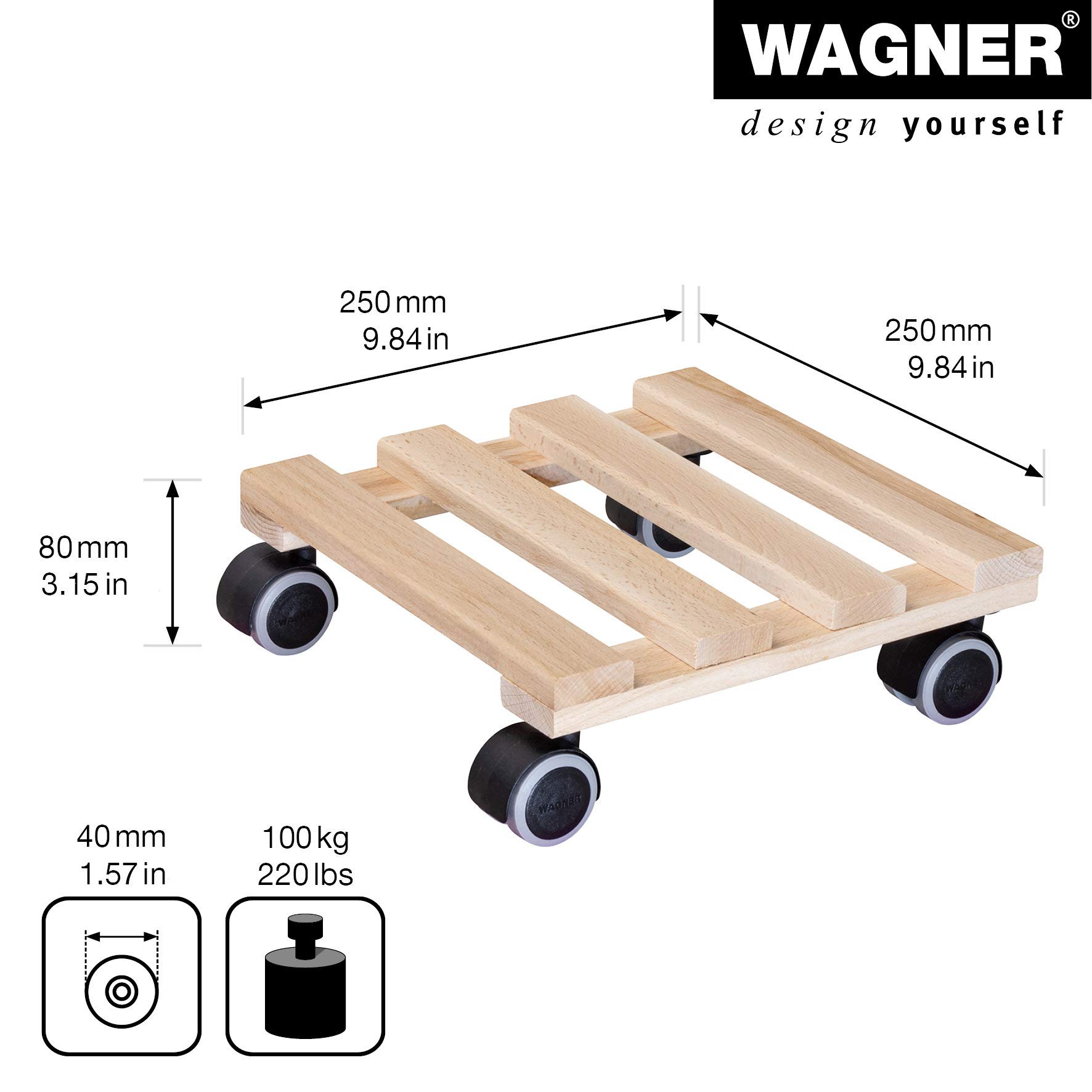 Wagner Wózek na rośliny PALETTI 25 x 25 x 8 cm z litego drewna FSC, buk naturalny, ładowność 100 kg
