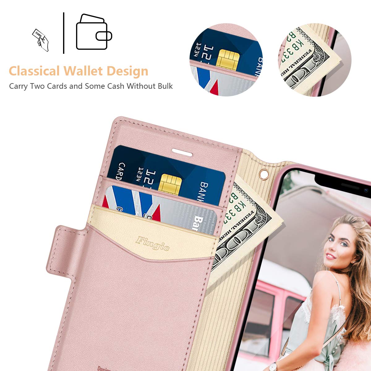 Fingic for iPhone 11 Case, Rose Gold Marble PU Leather Wallet Case, 2 ID & Credit Card Slots, Side Pocket, Kickstand Feature, Flip Case Cover for Apple iPhone 11/XI 6.1
