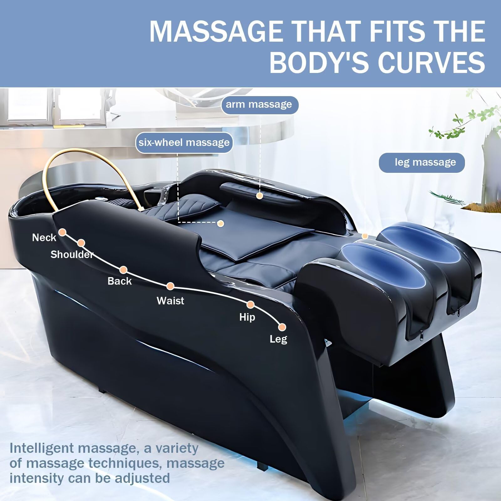 Professionelle Salon-Waschliege Und Massageliege, Minimalistisches Design In Schwarz, Kopf-Spa-Ausstattung mit Elektrischer Beinhebung, Intelligenter Massagefunktion Und Wasserzirkulation