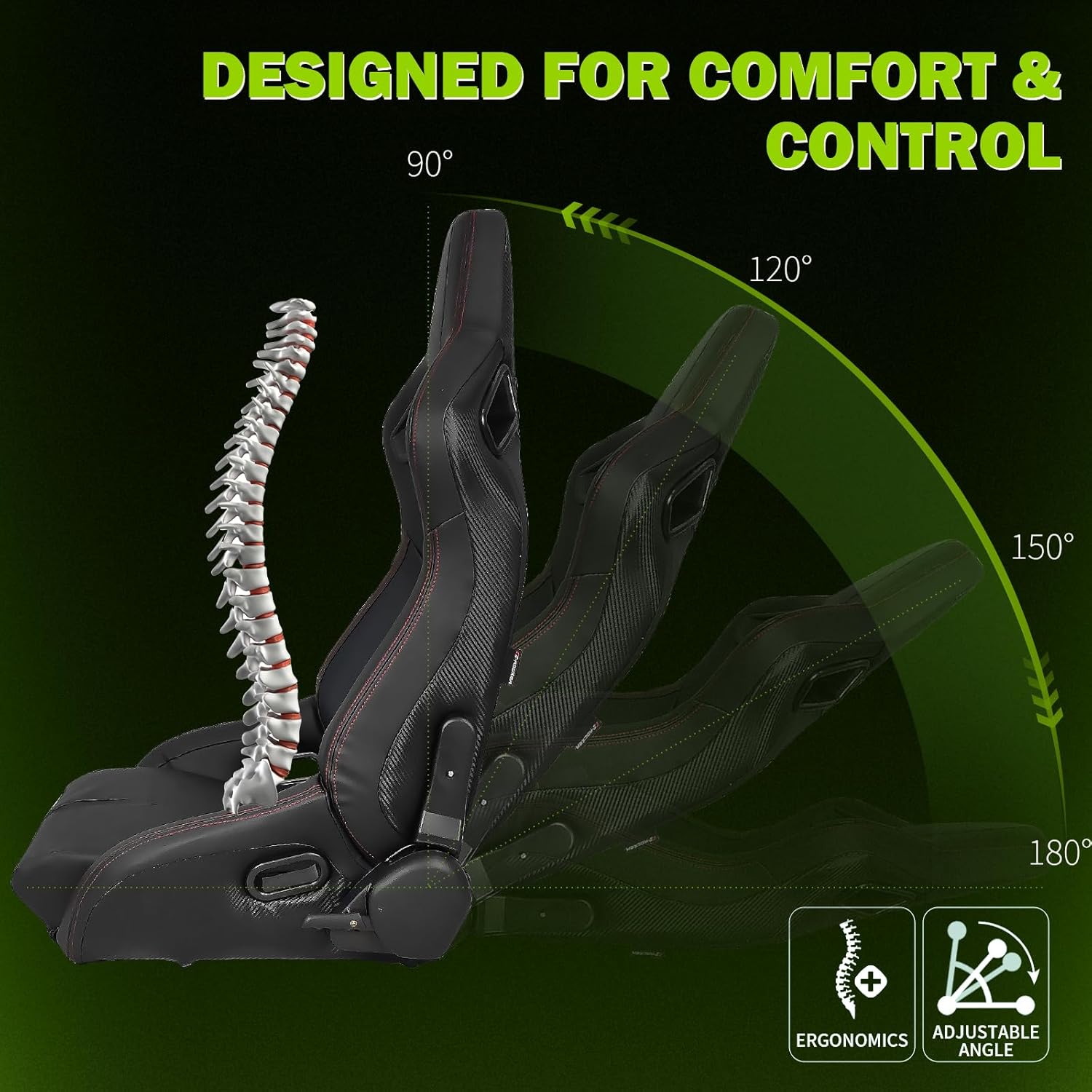 Universal Racing Seat with Dual Sliders, PU Leather Front & Carbon Leather Back Reclinable Bucket Seat, Driver Side-Black w/LOGO