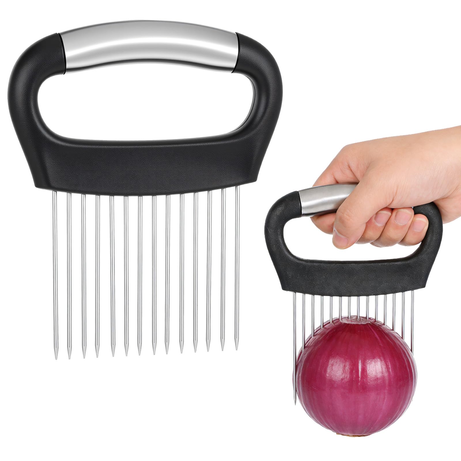Stainless Steel Onion Slicer Holder with Egg Opener Multi-Functional Vegetable Chopper for Tomato, Potato, and Onion Essential Kitchen Gadgets and Chef Accessories